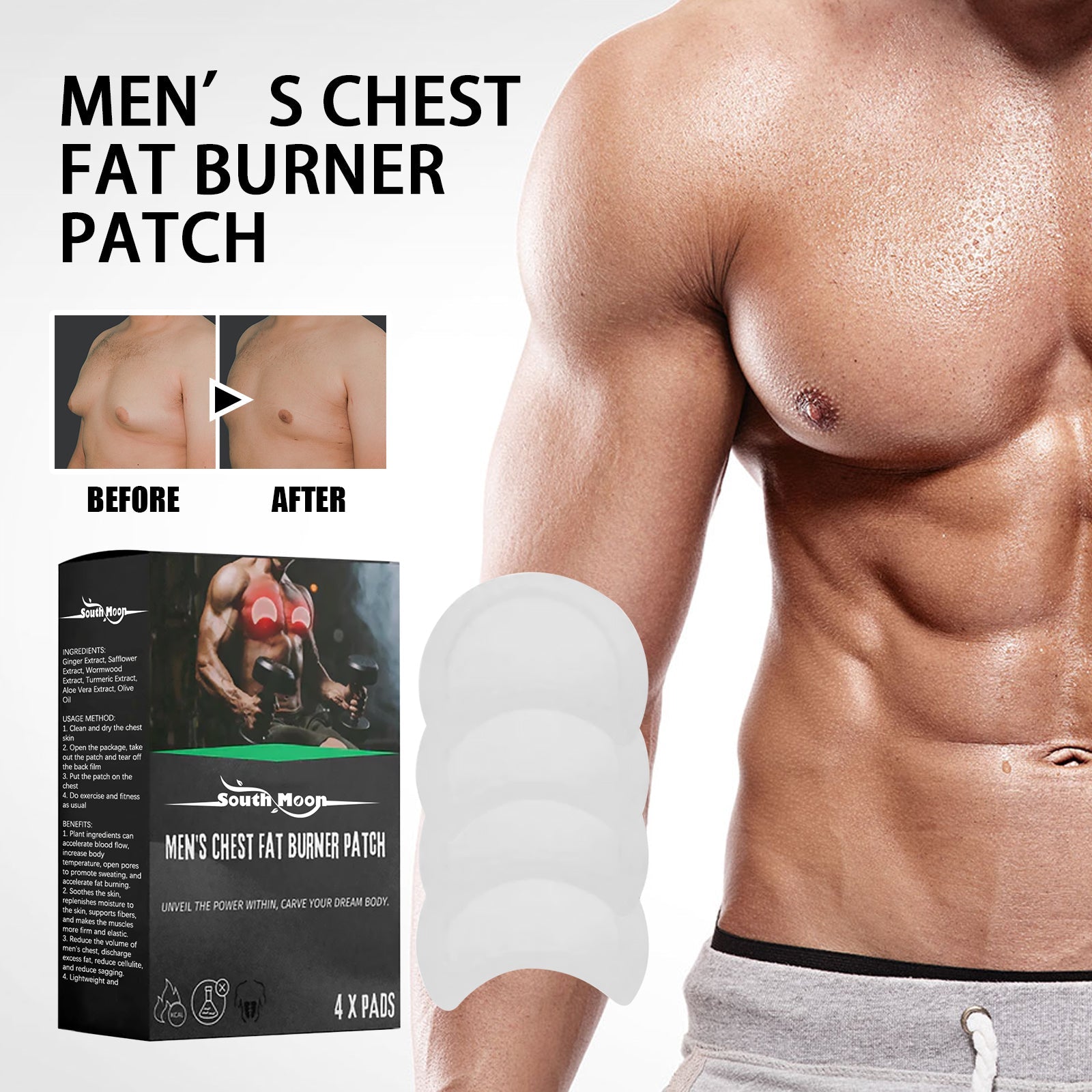 Muscular male torso with heat map visualization showing patch placement and thermogenic activation with red heat glow
