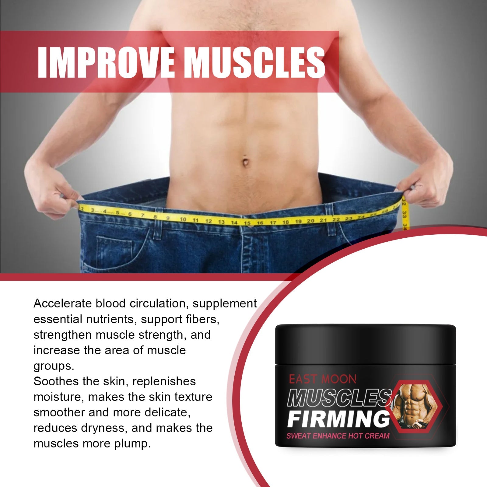 Shirtless athletic male torso with annotations showing sweat-enhance mechanism and muscle firming benefits