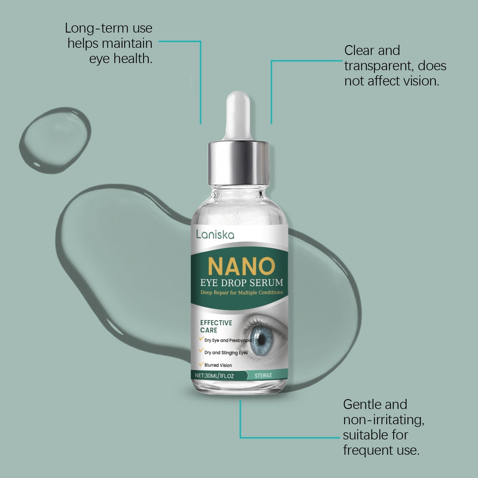 Eye drop serum on water ripple texture background with usage occasion messaging