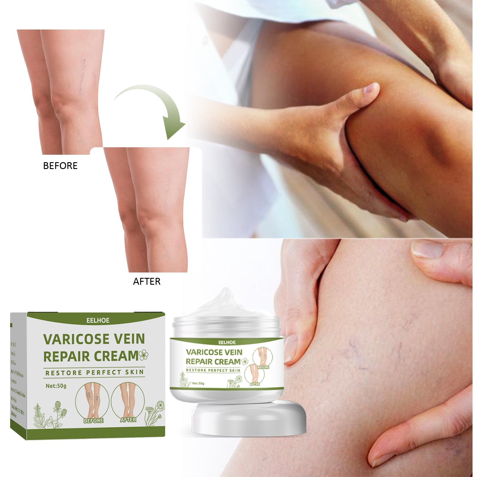 Dramatic before/after leg comparison with application demonstration