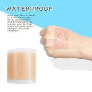 Product packaging box in turquoise with illustrated infant wearing the patch, alongside unrolled silicone correction patch showing peach-colored textured surface