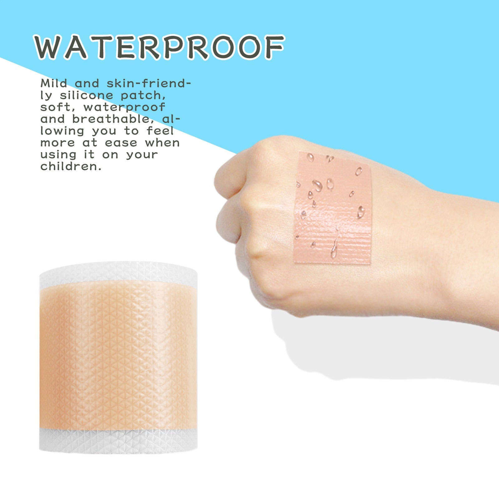 Product packaging box in turquoise with illustrated infant wearing the patch, alongside unrolled silicone correction patch showing peach-colored textured surface