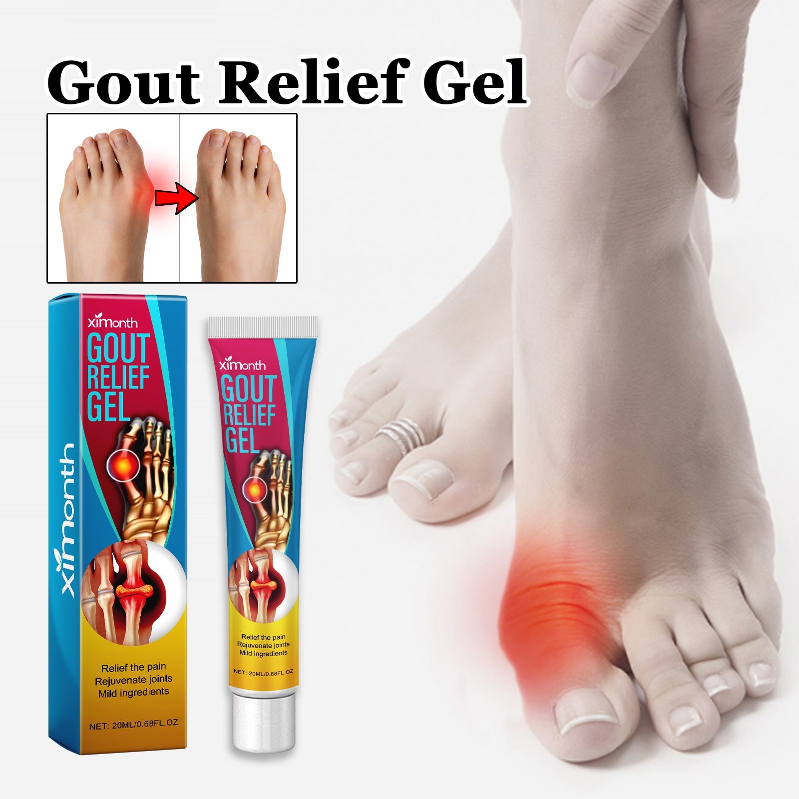 Senior woman in blue shirt holding her knee/leg with glowing red pain indicator overlay; product packaging visible in background; text states herbal extract formula with mild safe ingredients suitable for all skin types