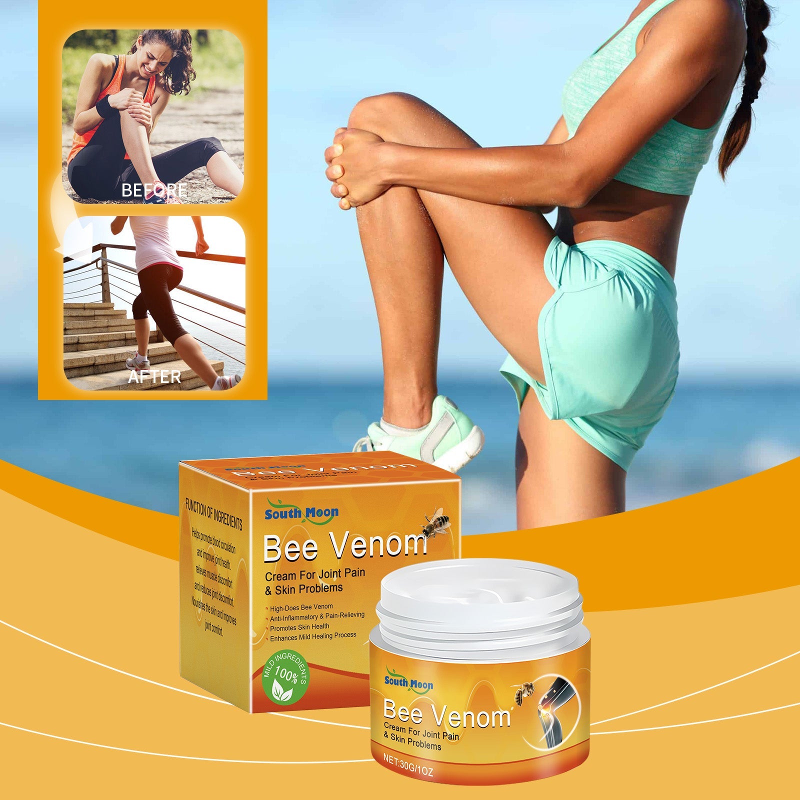 Young woman in workout gear with before/after panels: before shows painful knee grip while sitting; after shows confident stair climbing without discomfort, ocean lifestyle background