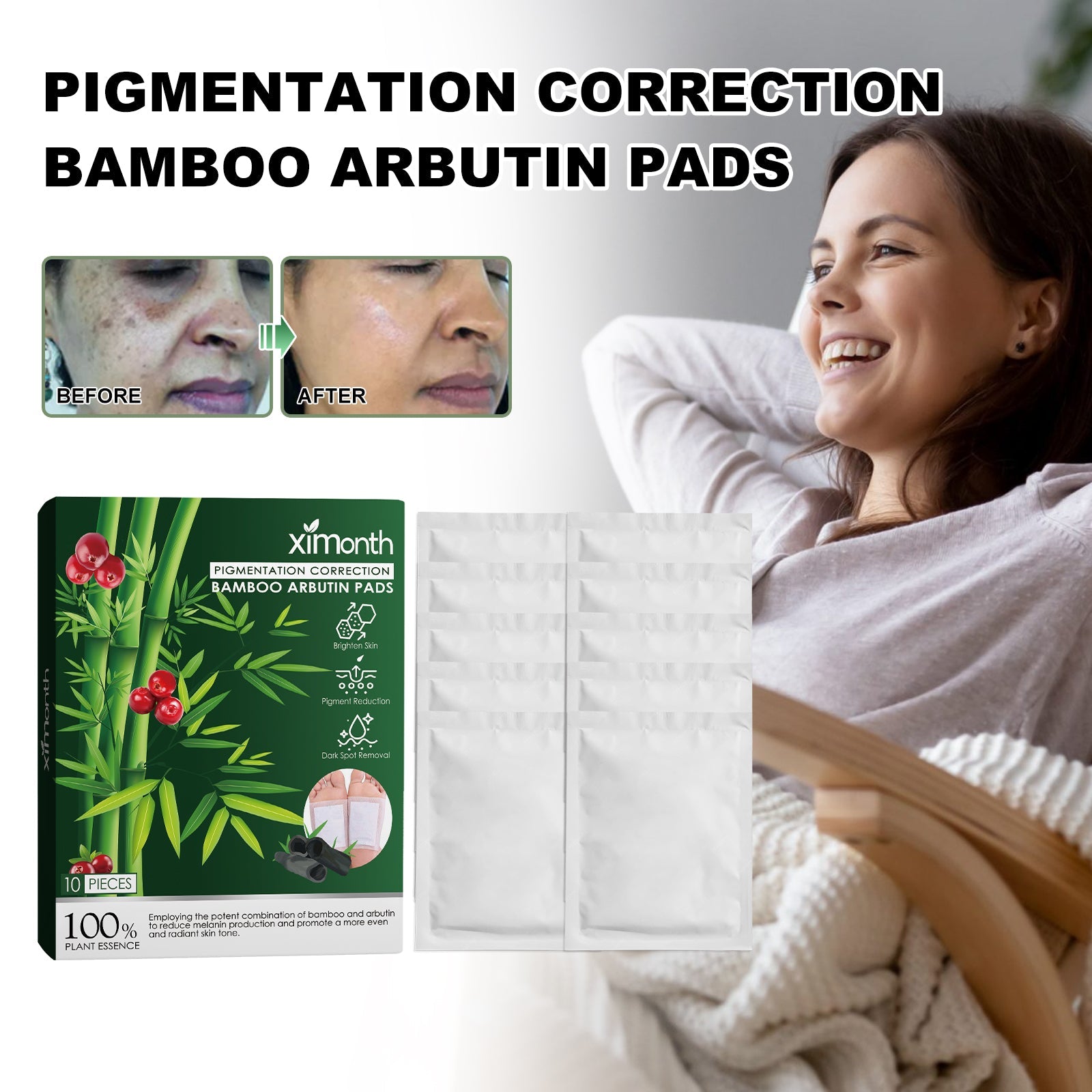 Split-screen before and after facial treatment results showing pigmentation reduction and skin brightening