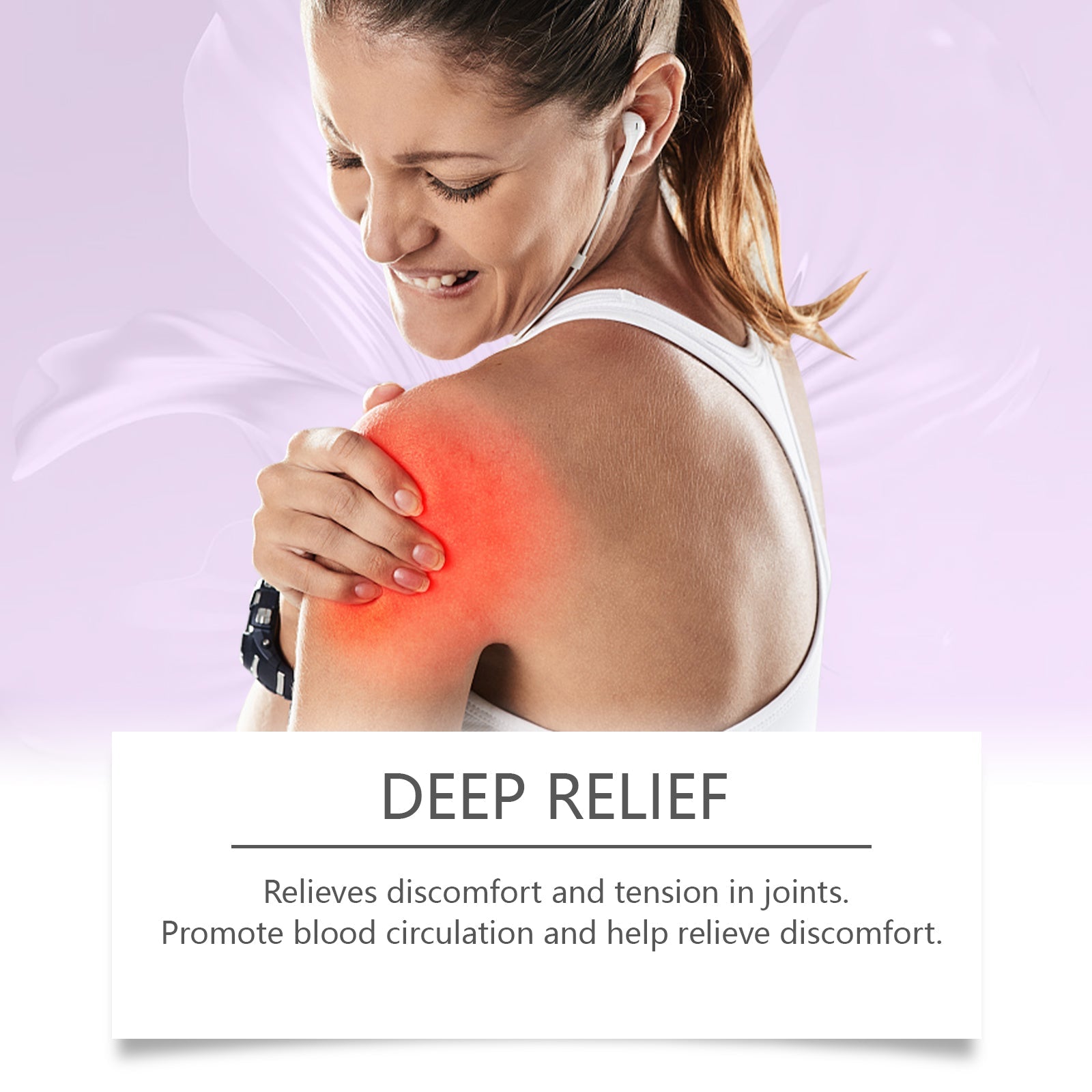 Woman touching shoulder with red heat visualization overlay, text reads 'DEEP RELIEF' with benefits description