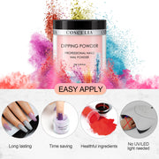 Six polished dipping powder containers displaying glossy finishes in white, pink, coral, mint, lavender, and gold with Coscelia branding