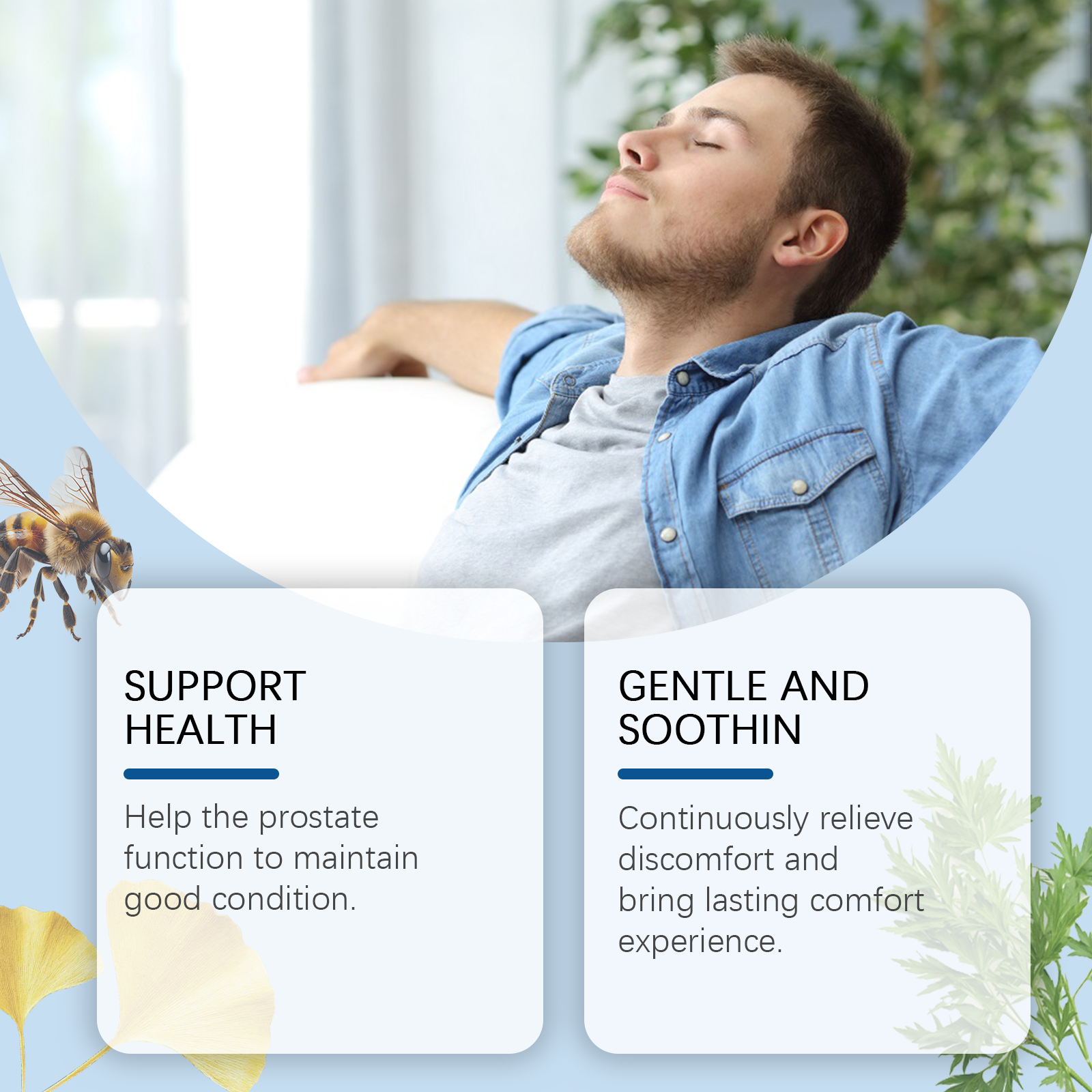 Man experiencing discomfort with red inflammation visualization on lower abdomen, paired with product box and patch, plus soothing botanical elements