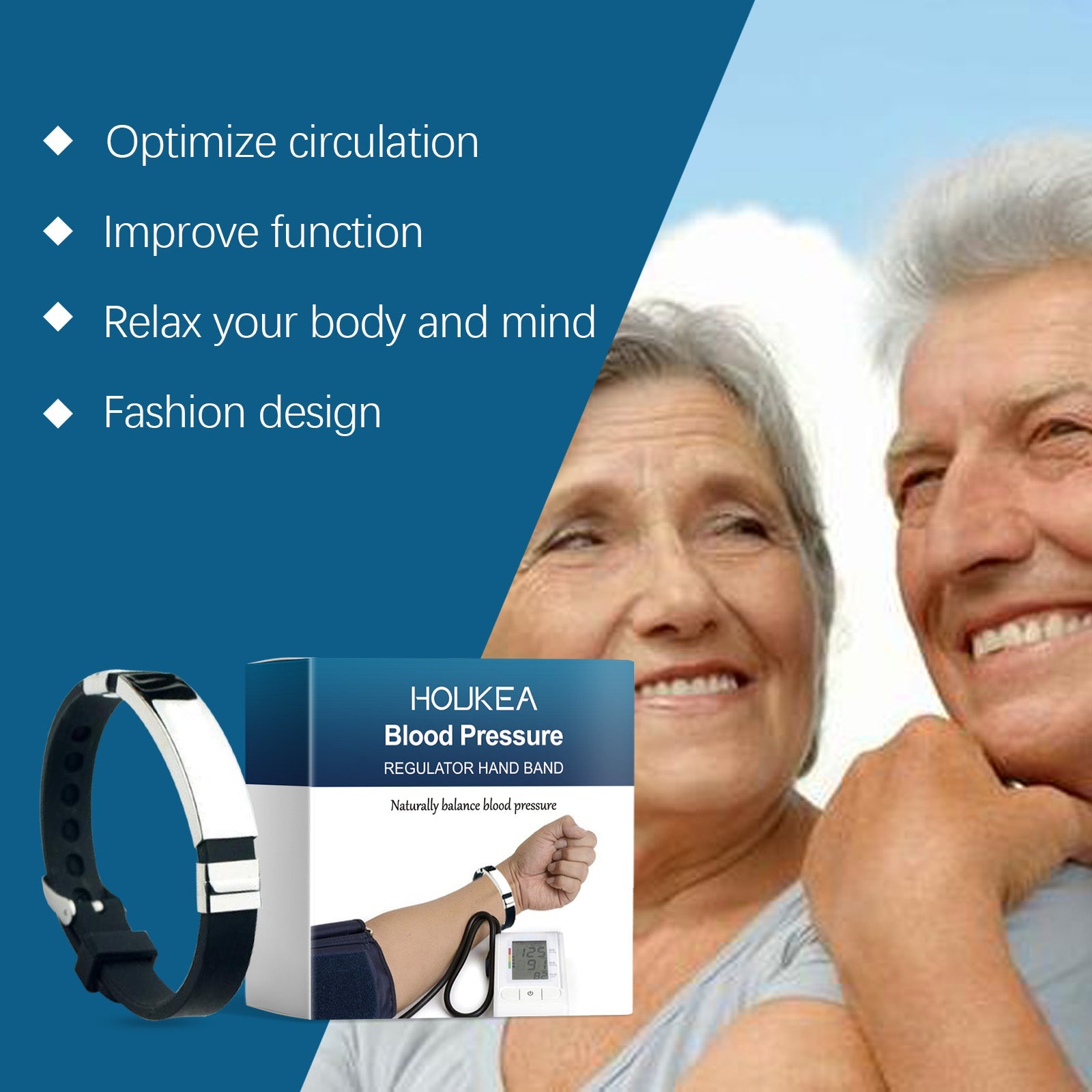 Happy senior couple outdoors smiling together, band visible on wrist