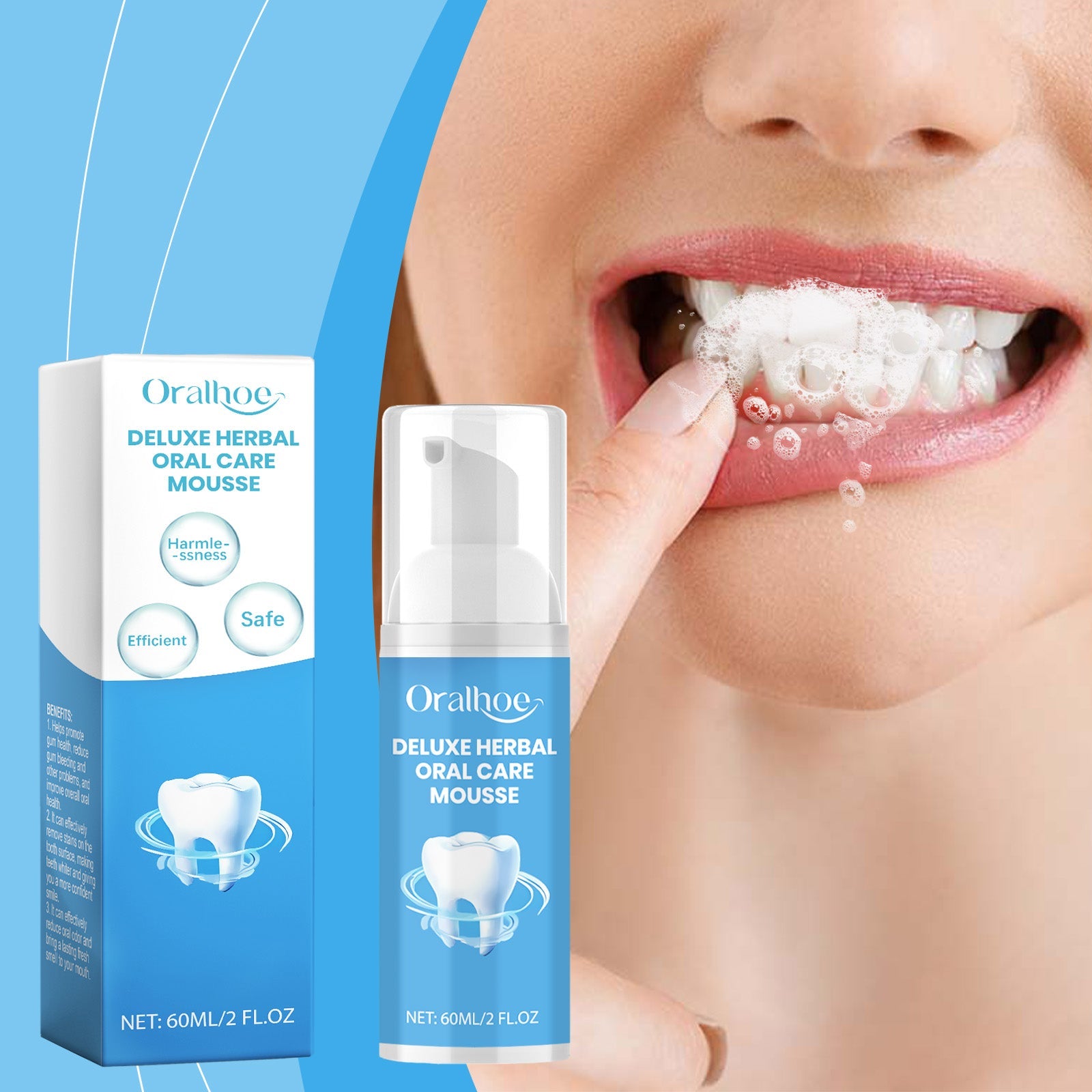 Oralhoe Deluxe Herbal Oral Care Mousse box and bottle displayed side by side