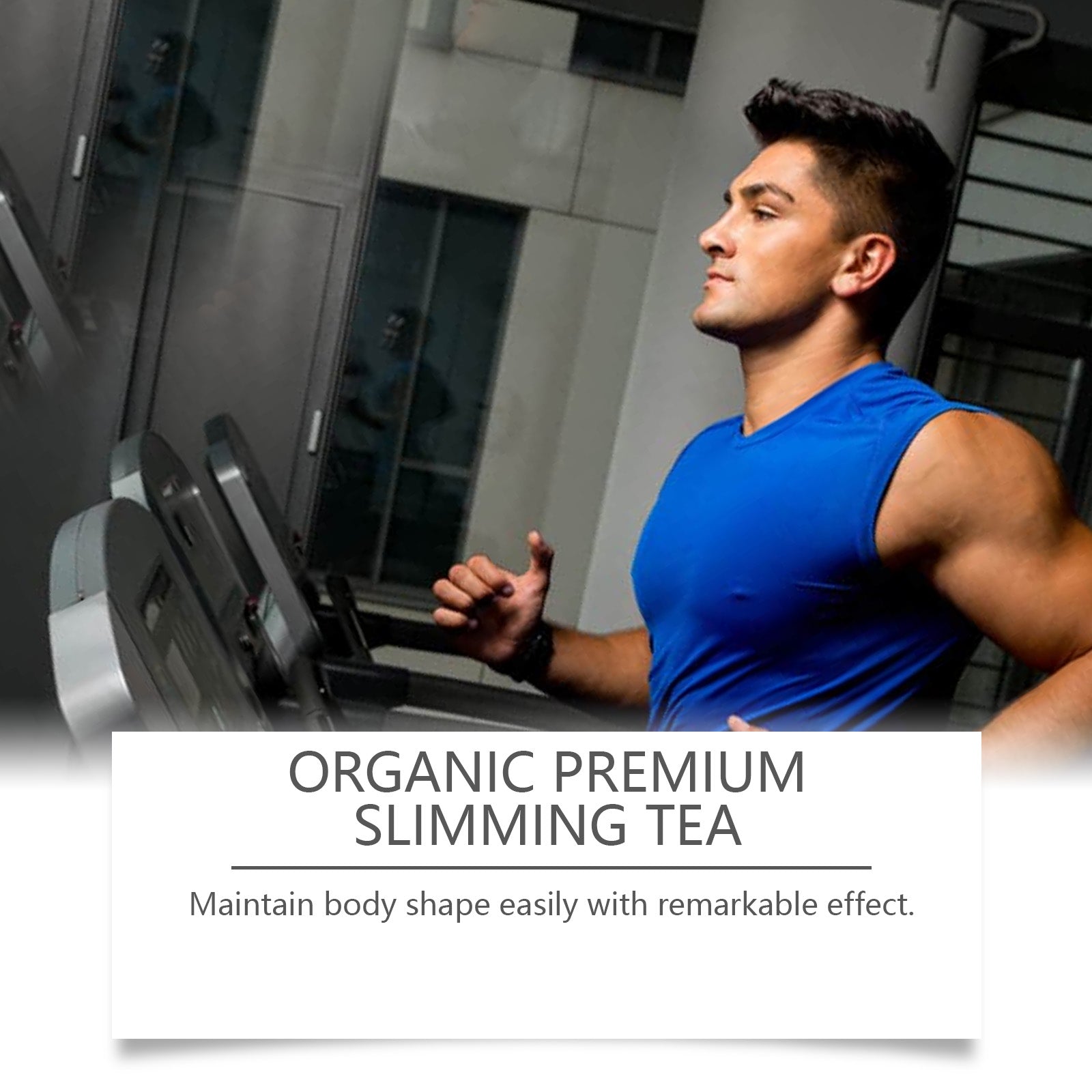 Athletic man in blue sleeveless shirt on treadmill in modern gym setting with text 'Maintain body shape easily with remarkable effect'