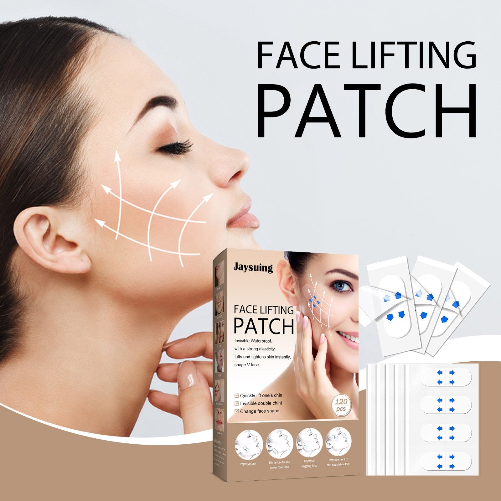 Product packaging box with Face Lifting Patch branding alongside individual translucent patches with blue directional arrows and application guide strips