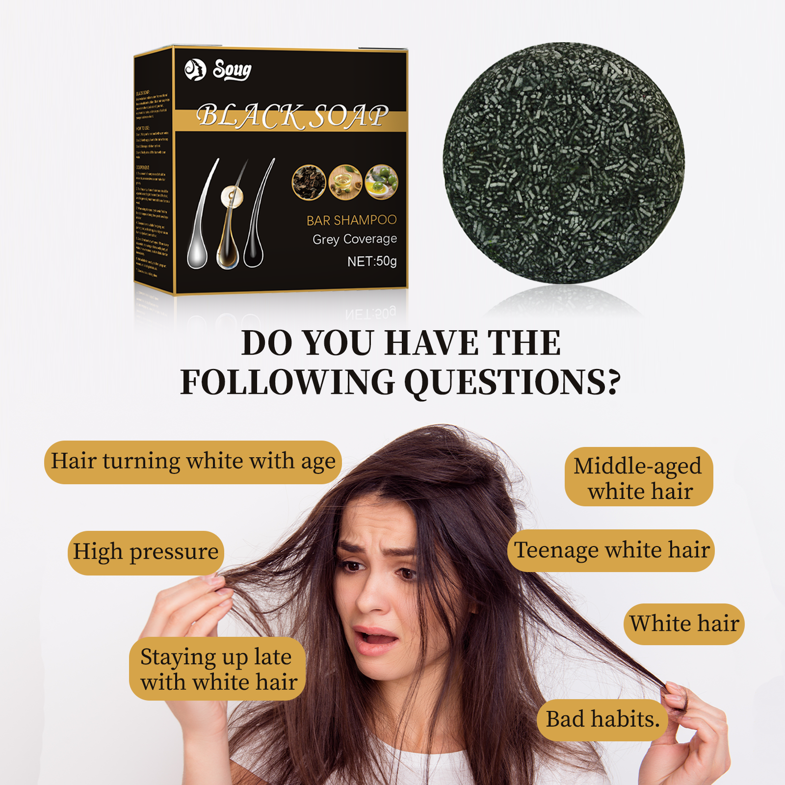 Full product presentation with title text showing bar shampoo for grey coverage alongside hands demonstrating lathering action with black-and-white swirling foam