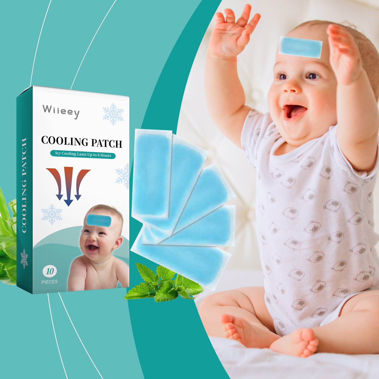 Happy baby wearing cooling patch on forehead, actively playing with raised arms against teal background