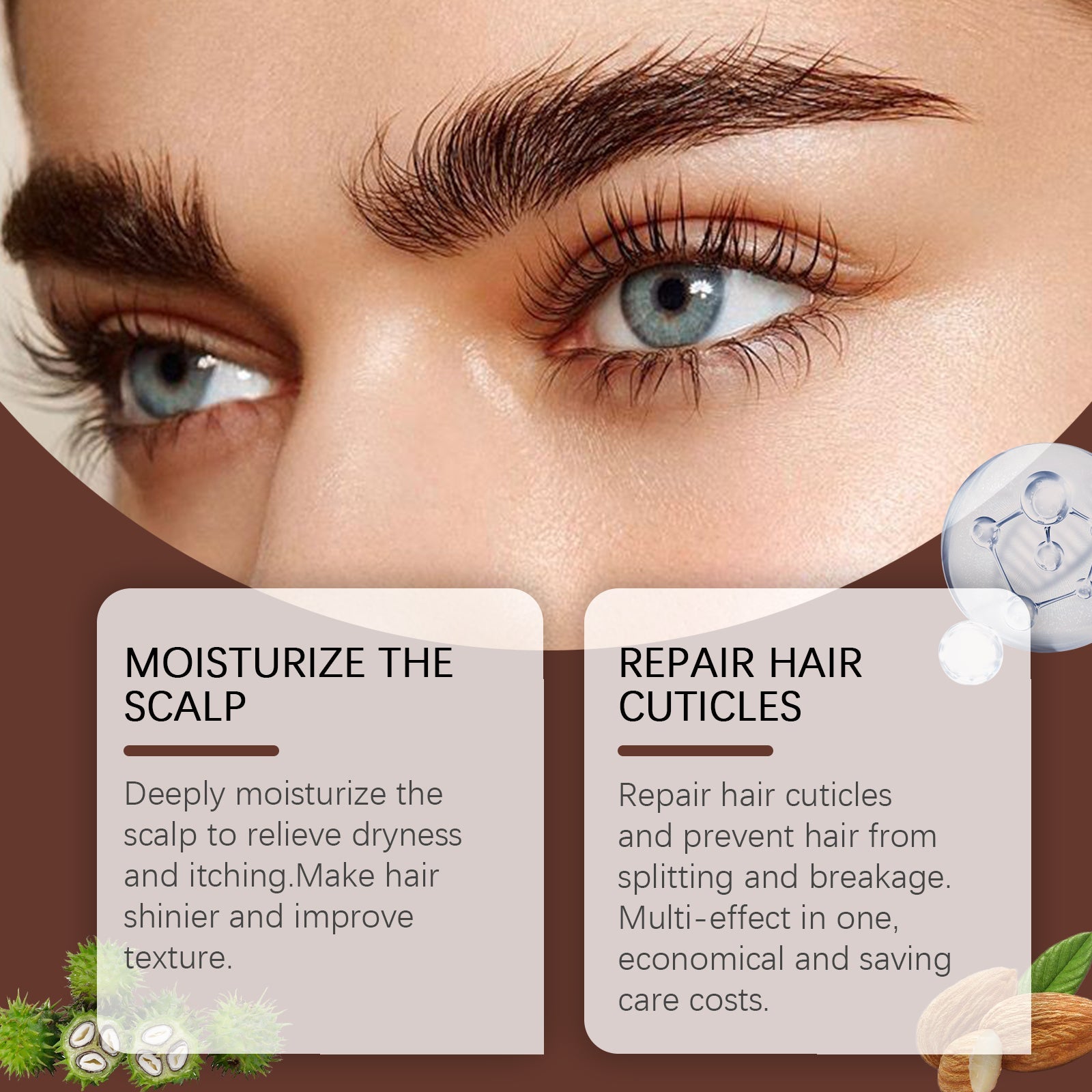 Close-up of woman's face showing thick, dark eyelashes and well-groomed eyebrows with product benefits listed