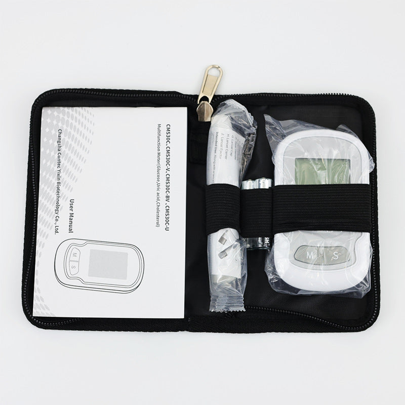 Numbered component breakdown showing card pack, manual, paper box, analyzer, battery, and blood collection pen
