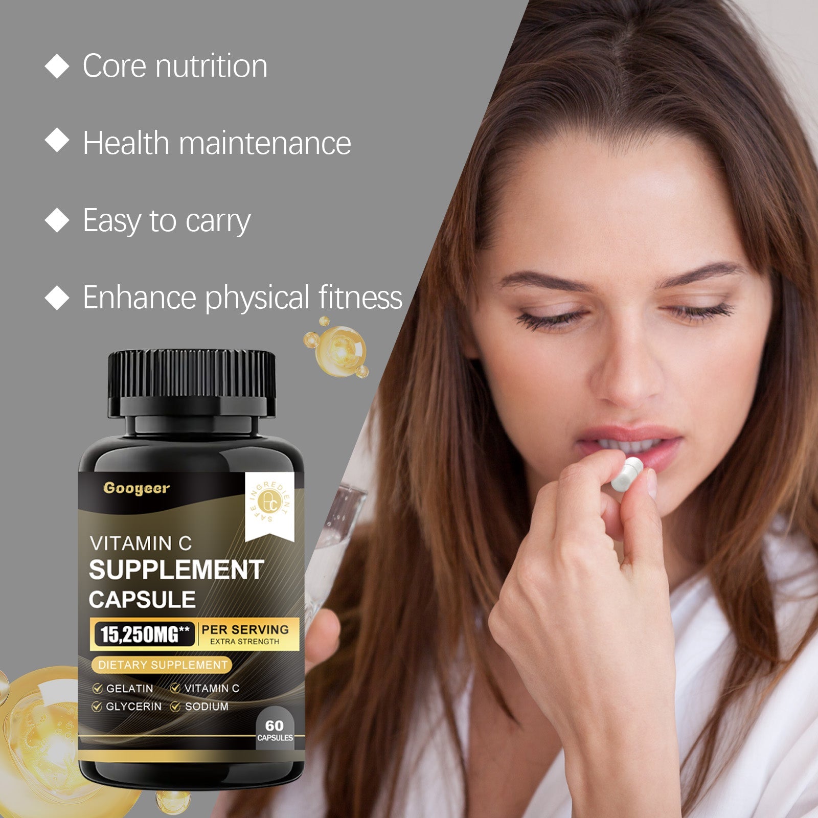 Woman taking capsule with product bottle and key benefits listed: core nutrition, health maintenance, easy to carry, enhance physical fitness