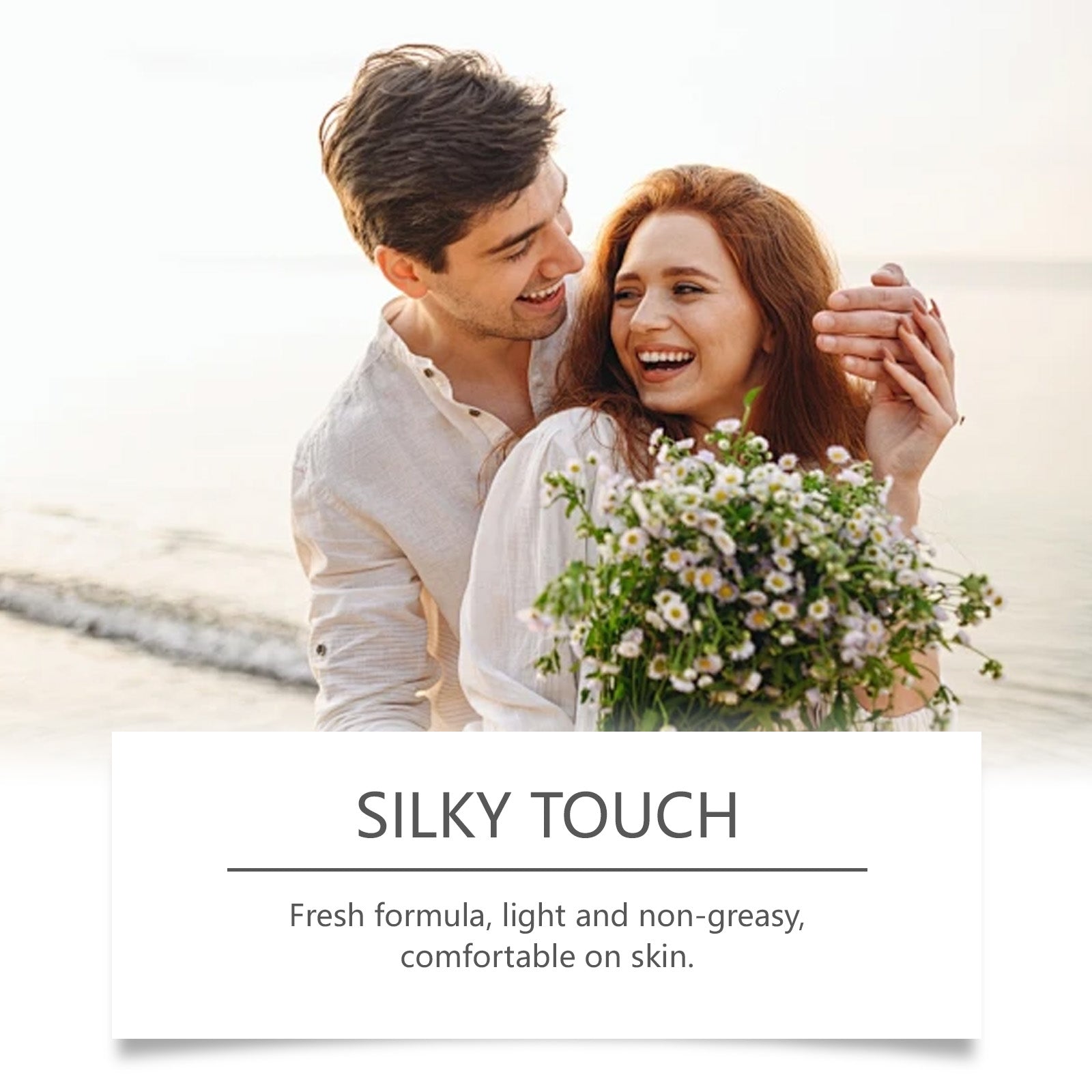 Happy couple in casual white clothing with white daisy flowers, text overlay stating 'SILKY TOUCH' with claim 'Fresh formula, light and non-greasy, comfortable on skin'