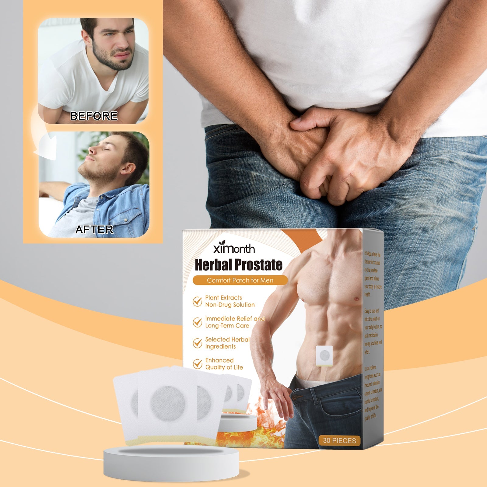 Man applying patch to lower abdomen/pelvic area through clothing