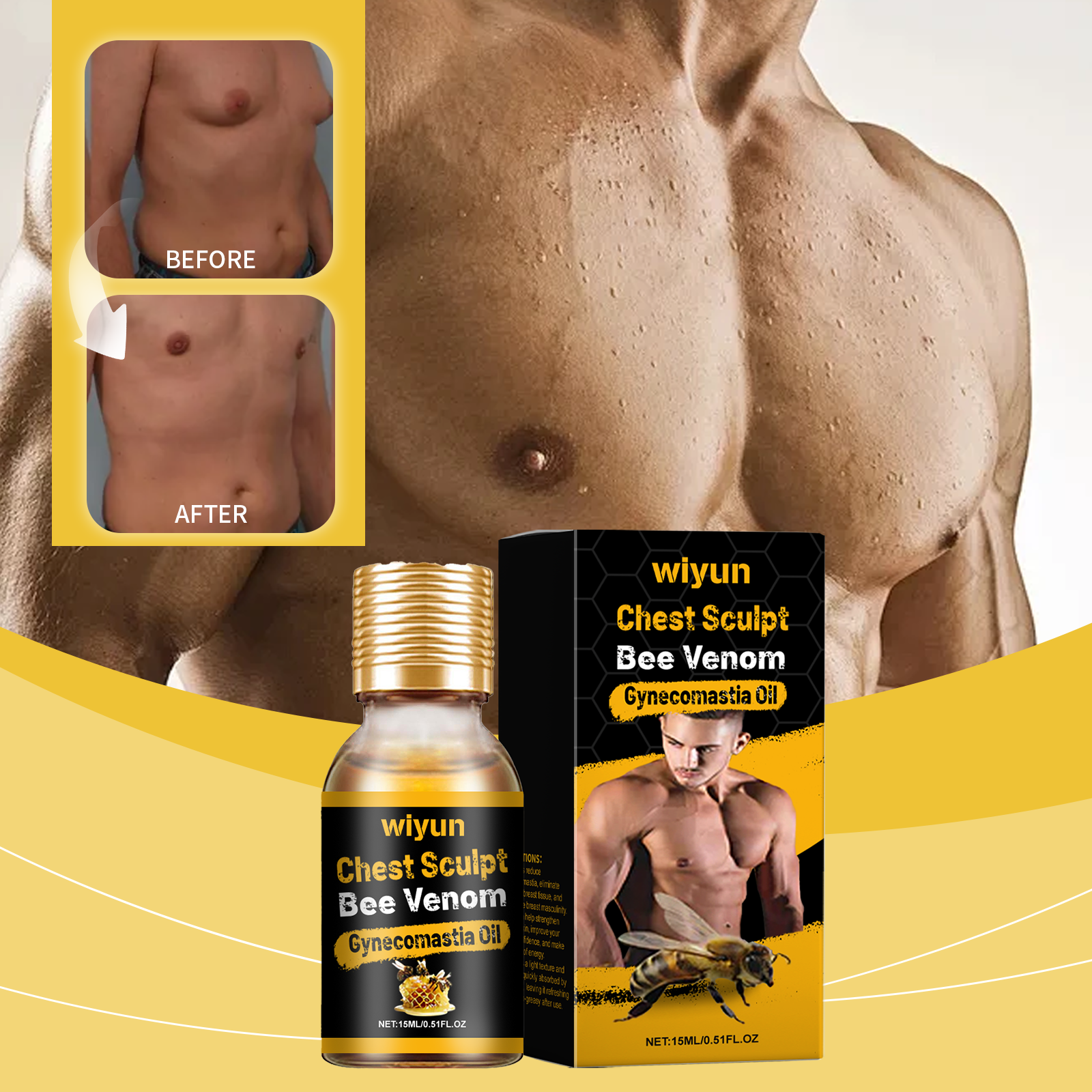 Muscular male torso against yellow background with two white text cards highlighting key benefits