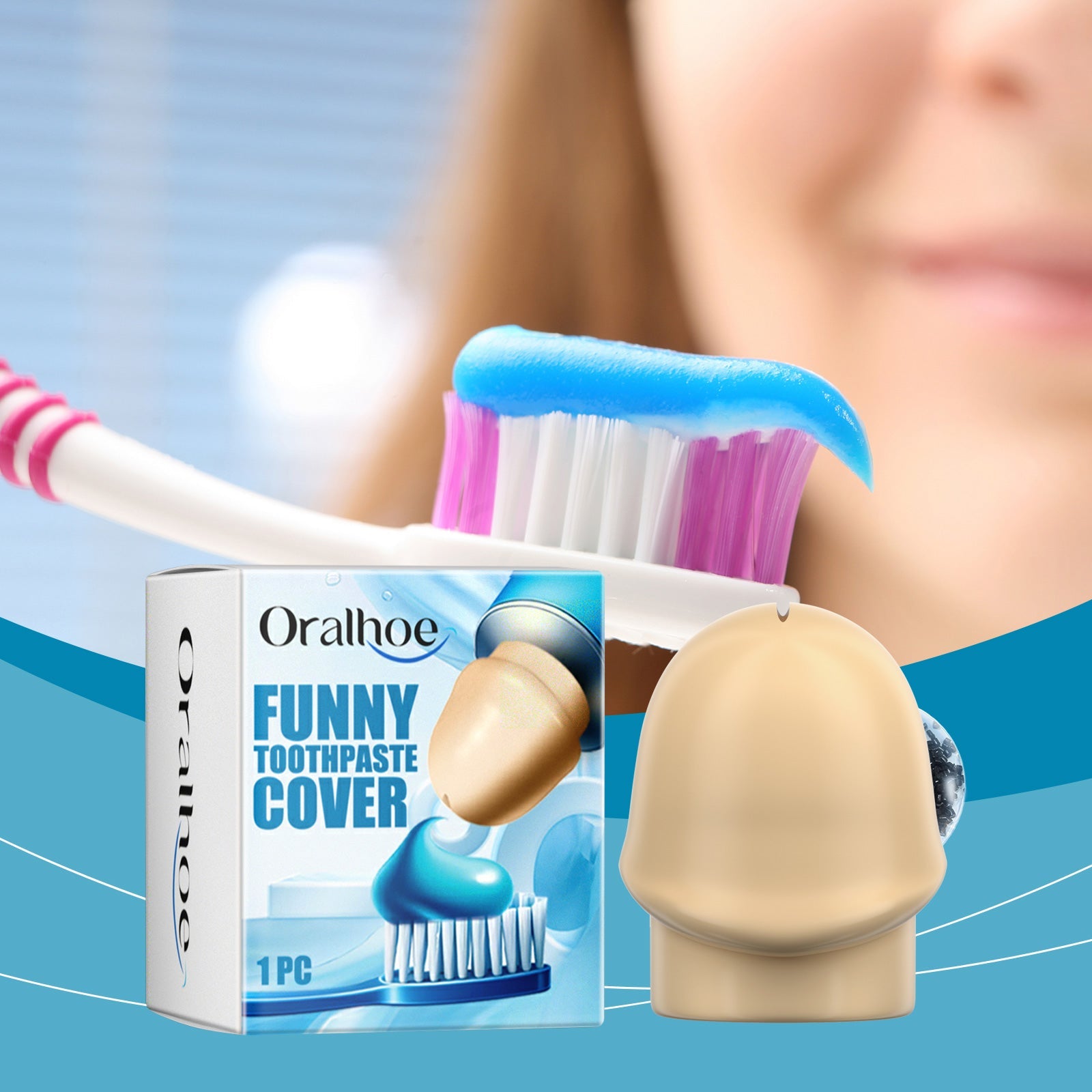 Close-up of beige character-shaped toothpaste cap cover shown from front