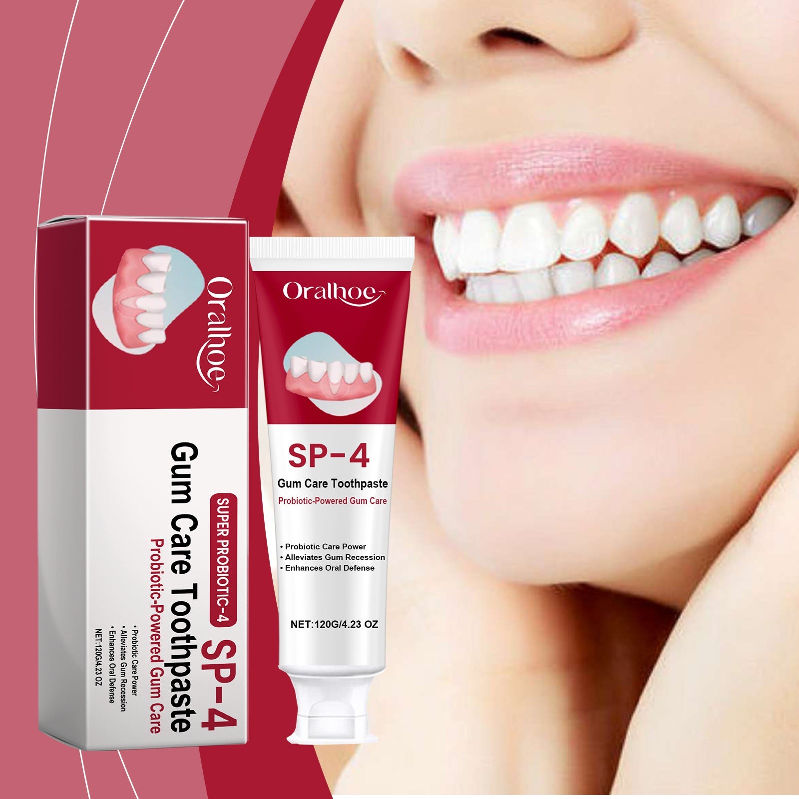Full product packaging showing Oralhoe SP-4 Gum Care Toothpaste box and tube from front angle