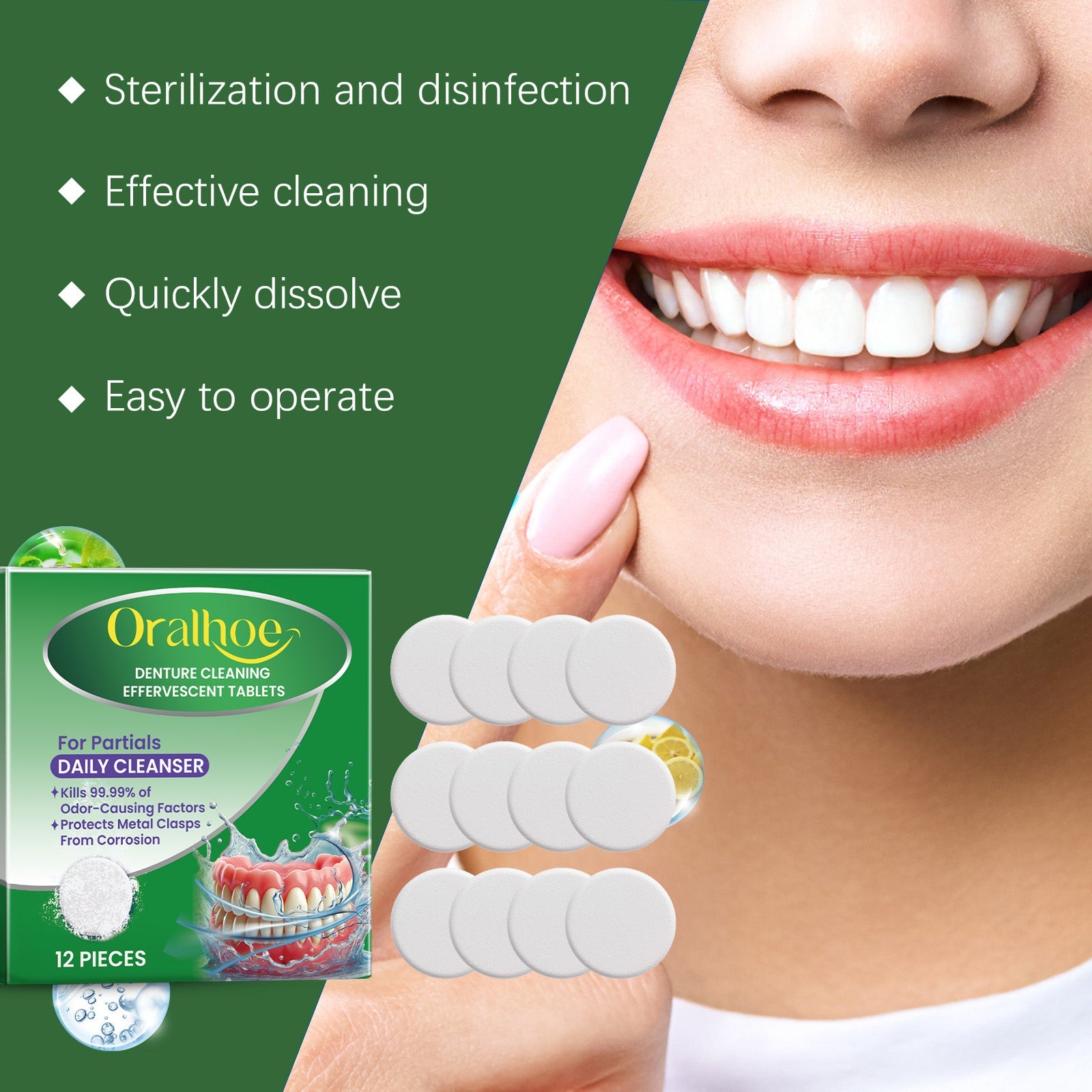Product packaging with key benefit bullets: sterilization, effective cleaning, quick dissolve, easy to operate alongside happy smile