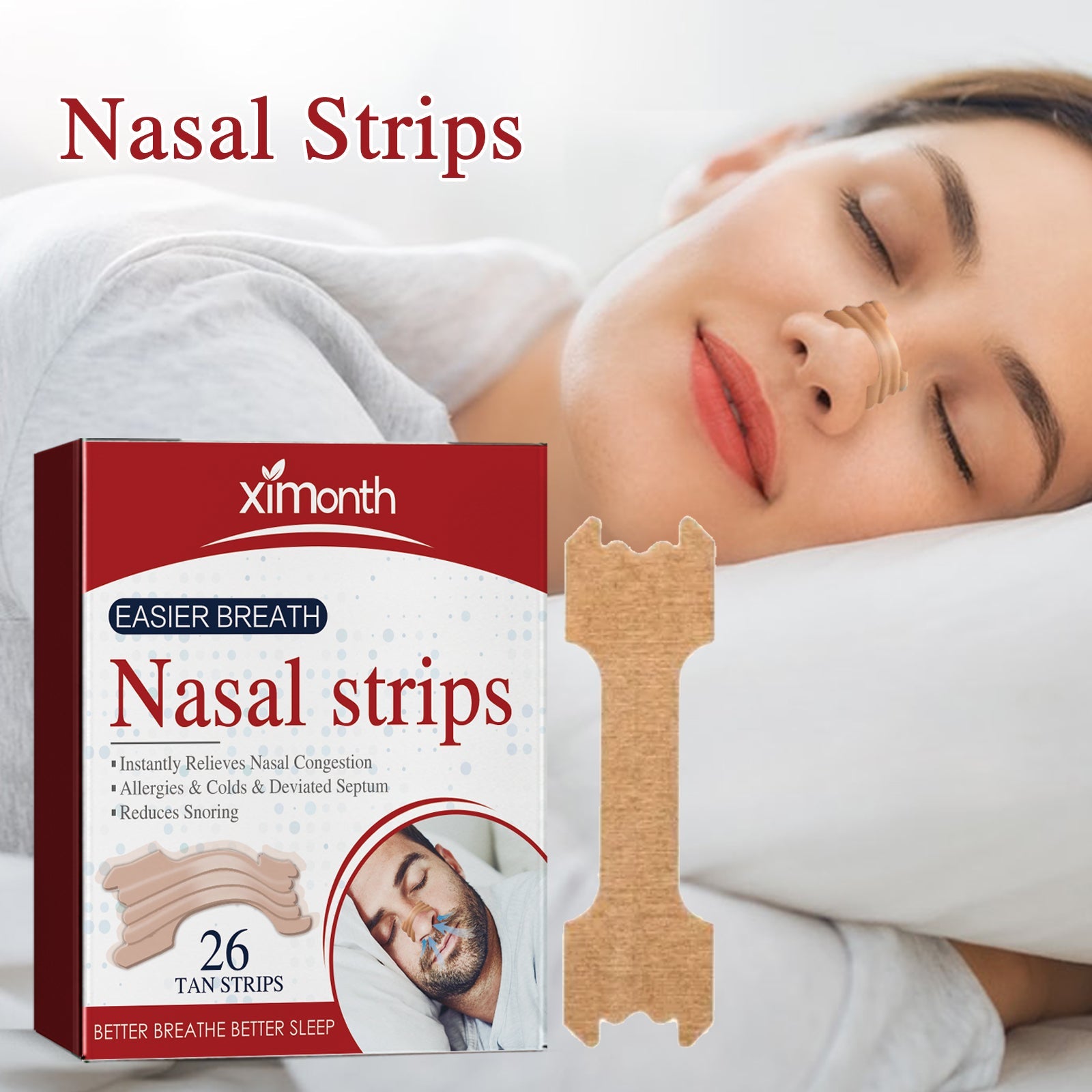 Sleeping woman wearing nasal strip in peaceful rest with Ximonth packaging and single strip shown