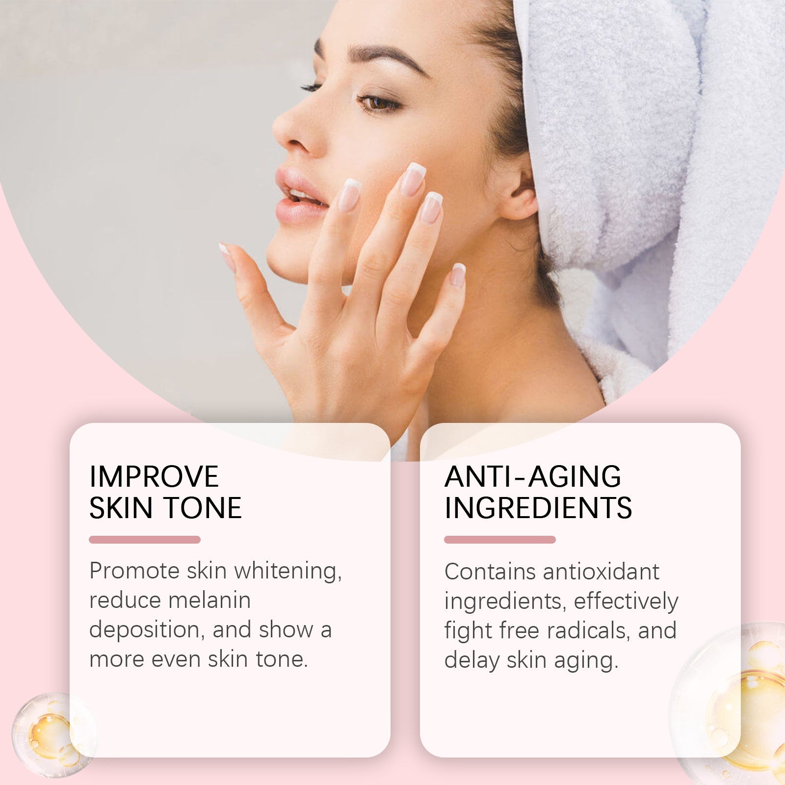 Woman with relaxed expression, hands framing face against soft pink background with heading 'Improve Skin Health'