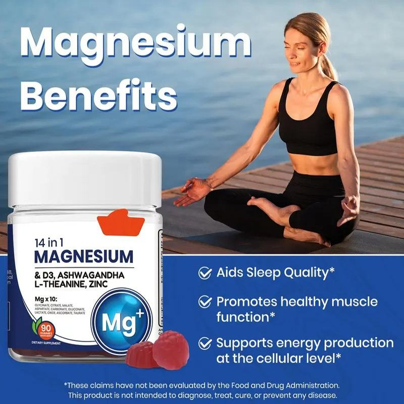 Product benefits callout with jar showing no added sugar, easy-to-chew gummies, vegetarian formula, and magnesium deficiency support