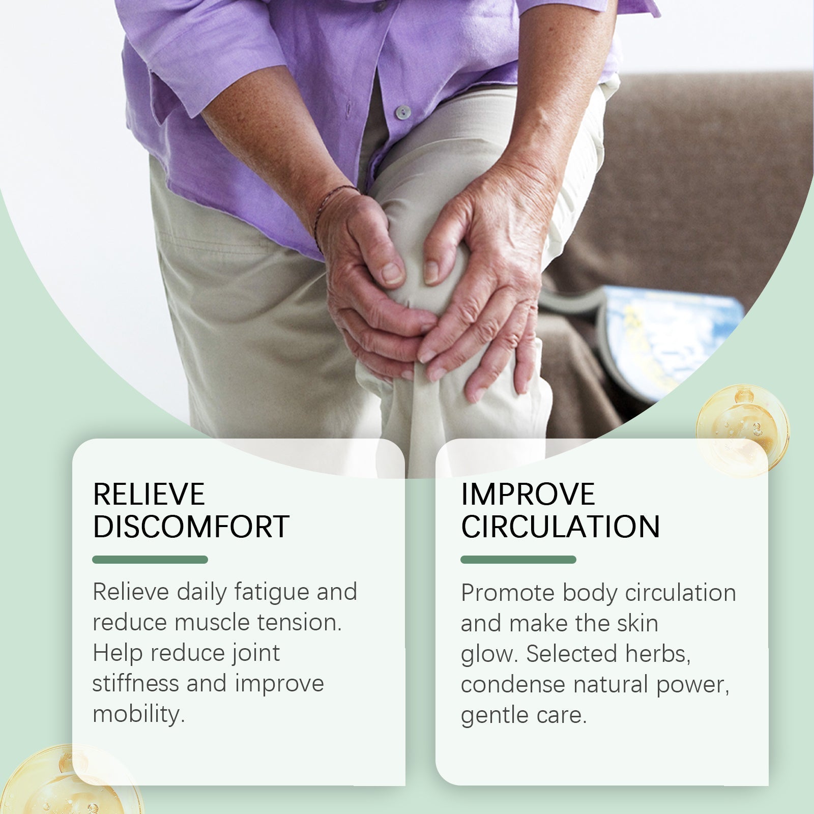 Elderly person holding knee with both hands showing discomfort; text boxes reading 'RELIEVE DISCOMFORT' and 'IMPROVE CIRCULATION' with ginger root graphics