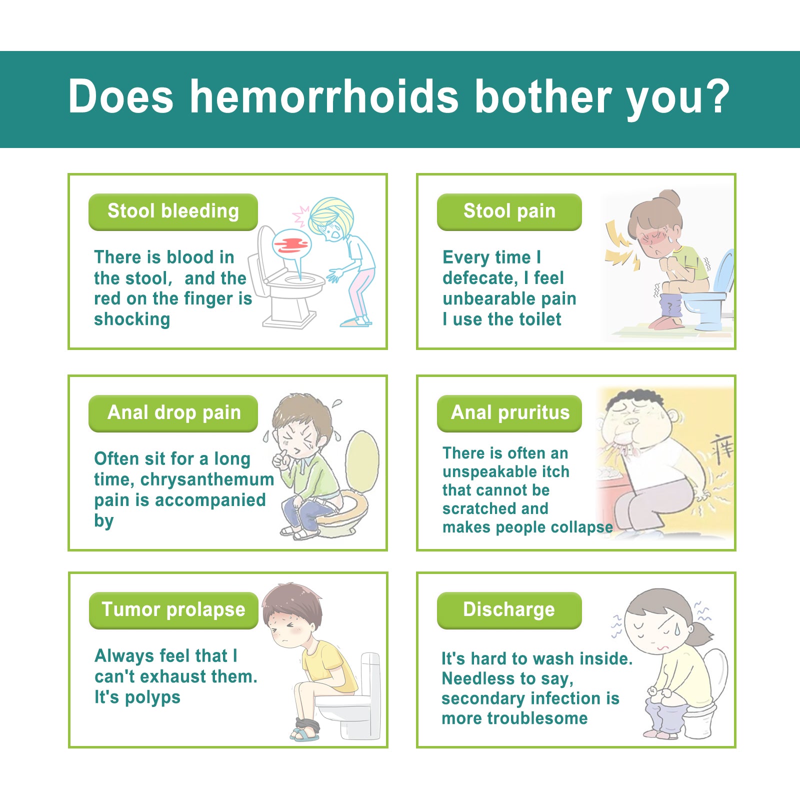 Information graphic showing six common hemorrhoid symptoms with illustrations