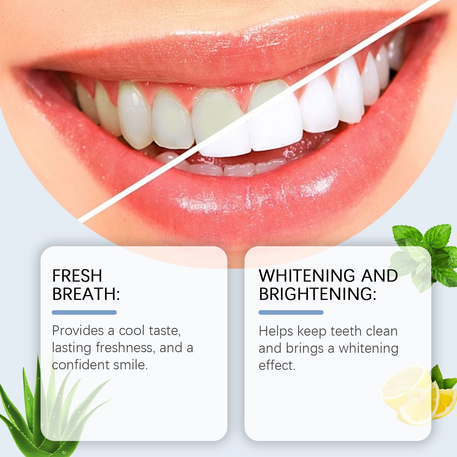 Split-screen comparison showing teeth before and after whitening with Fresh Breath and Whitening/Brightening benefits labeled