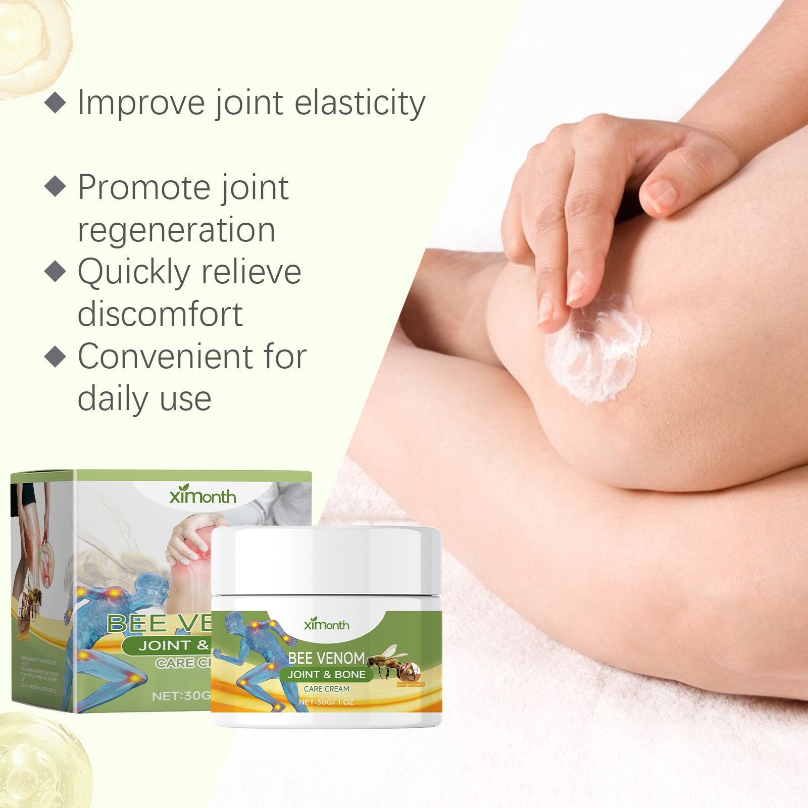 Close-up of cream texture being applied to skin with benefit bullets listing elasticity, regeneration, relief, and convenience