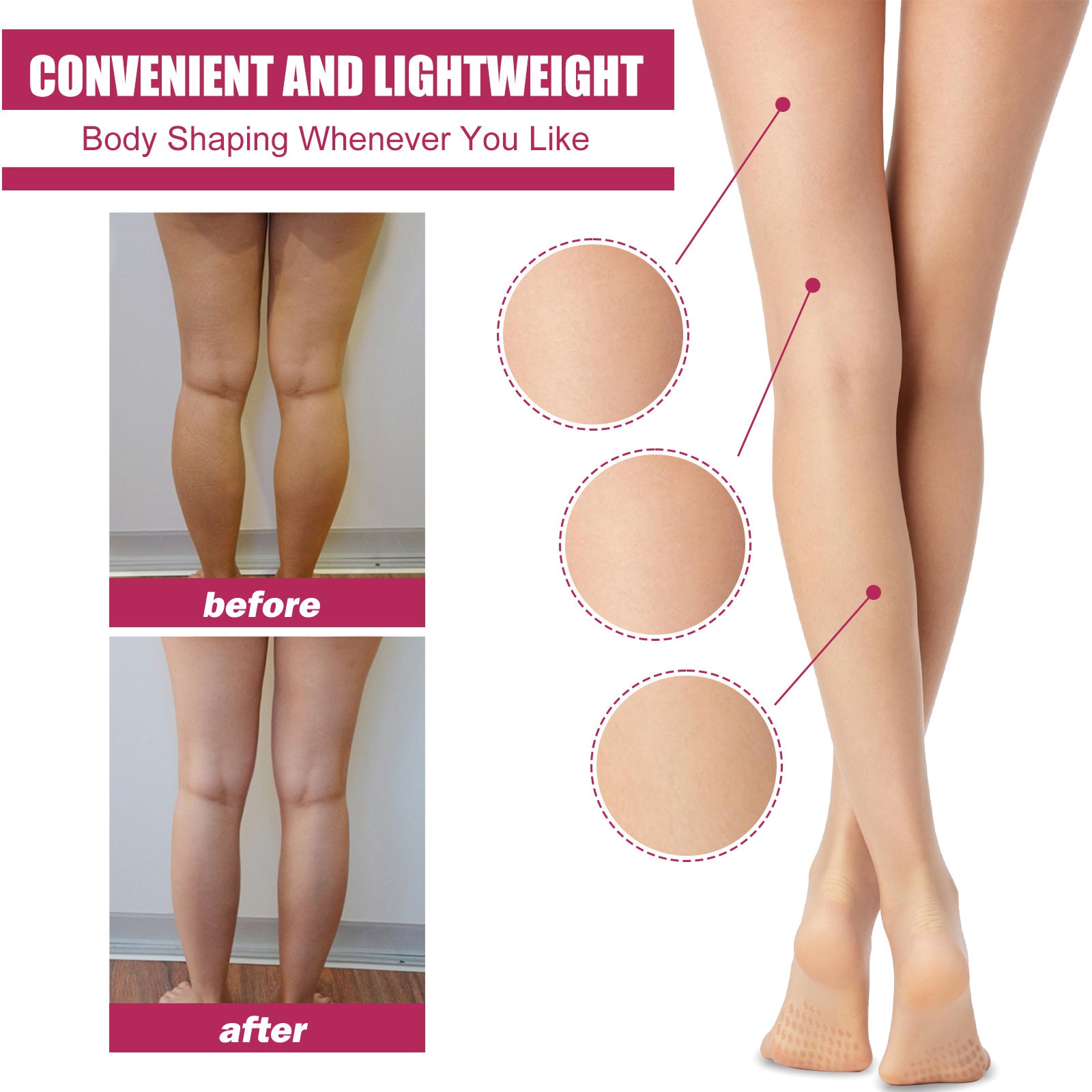 Woman in white undergarments touching her toned leg, demonstrating the product's target area and desired result
