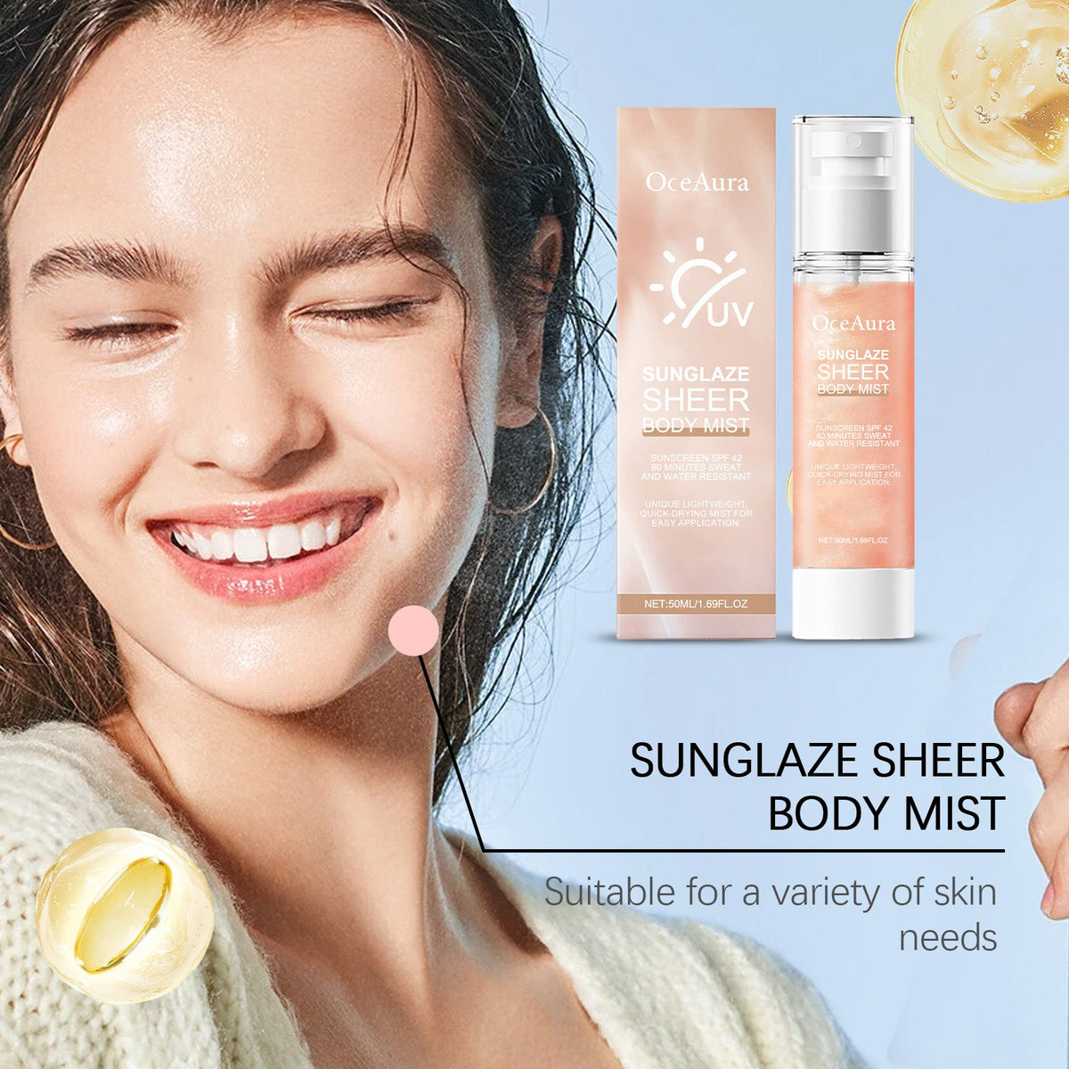 OceAura SPF 42 Mist - Lightweight Non-Sticky Sun Spray