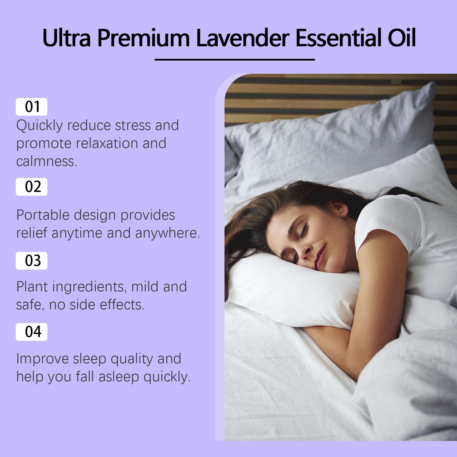 Information graphic on light purple background listing four key product benefits with icons numbered 01-04, including relaxation claims, portability, plant ingredients, and sleep quality improvement with lifestyle image of woman sleeping peacefully