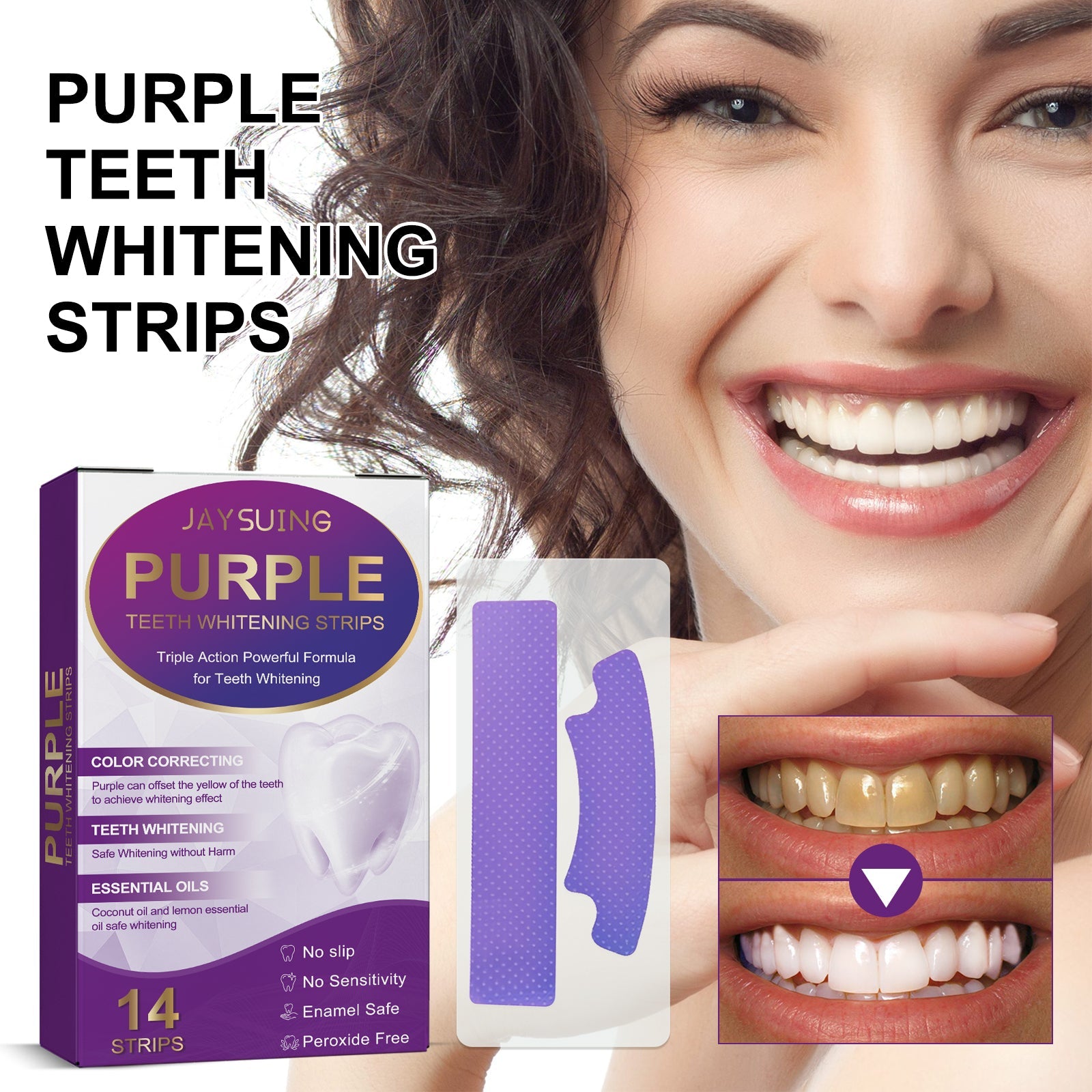 Woman smiling with close-up inset showing yellow-to-white teeth transformation with purple strip indicator