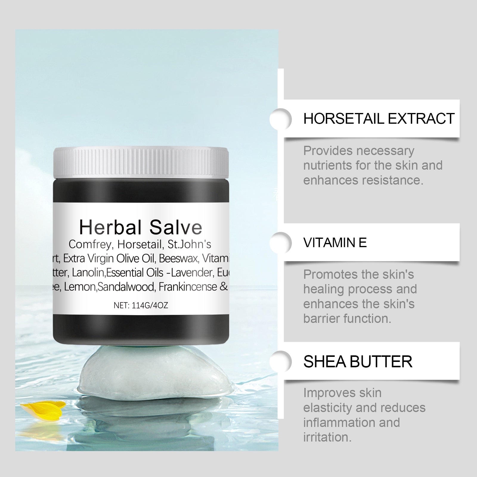 Herbal Salve jar with white screw cap, black and white label showing product name and ingredient list