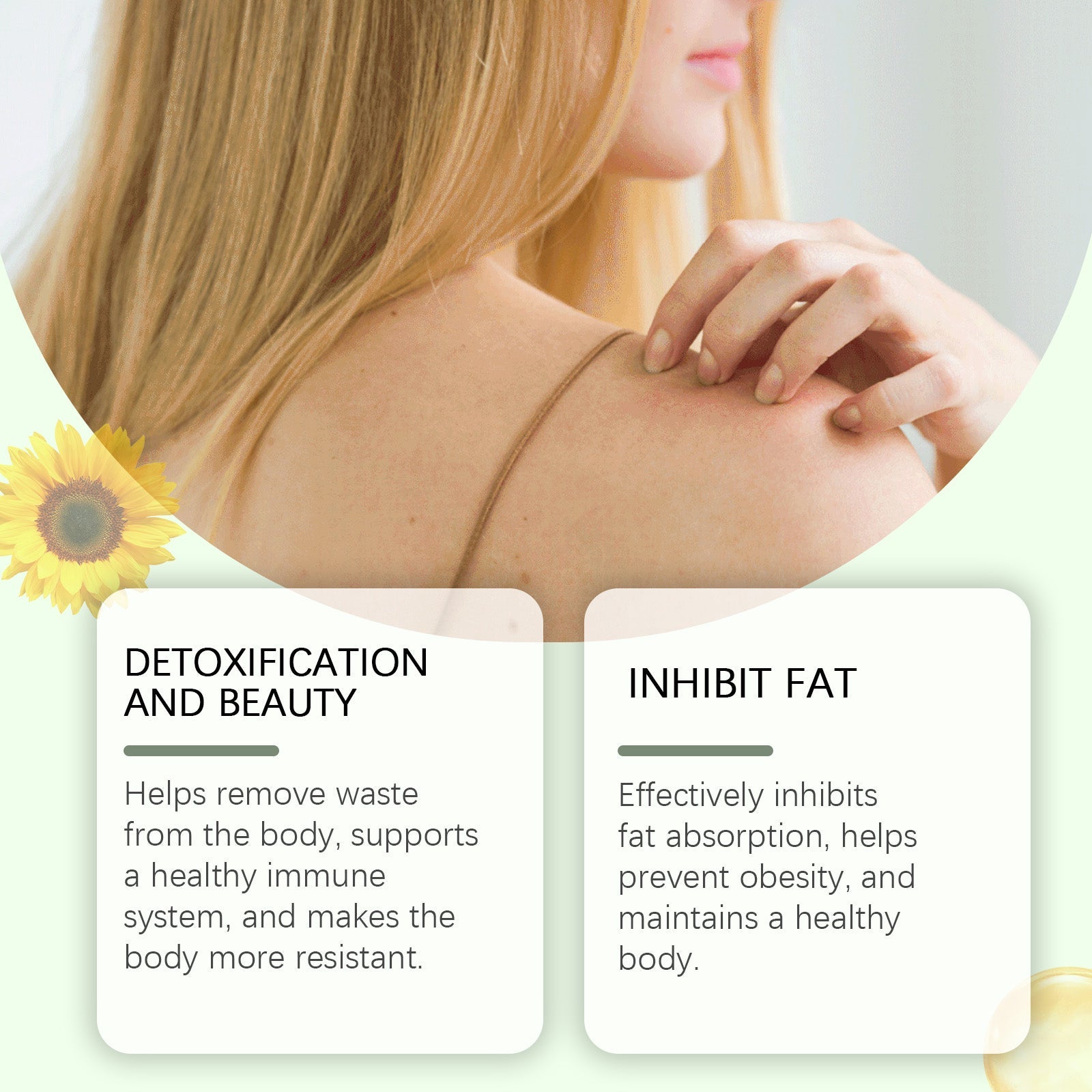 Woman from behind showing rough, irritated back skin with circular magnification highlighting texture; underline text states 'Deeply moisturizes and relieves a variety of skin problems'