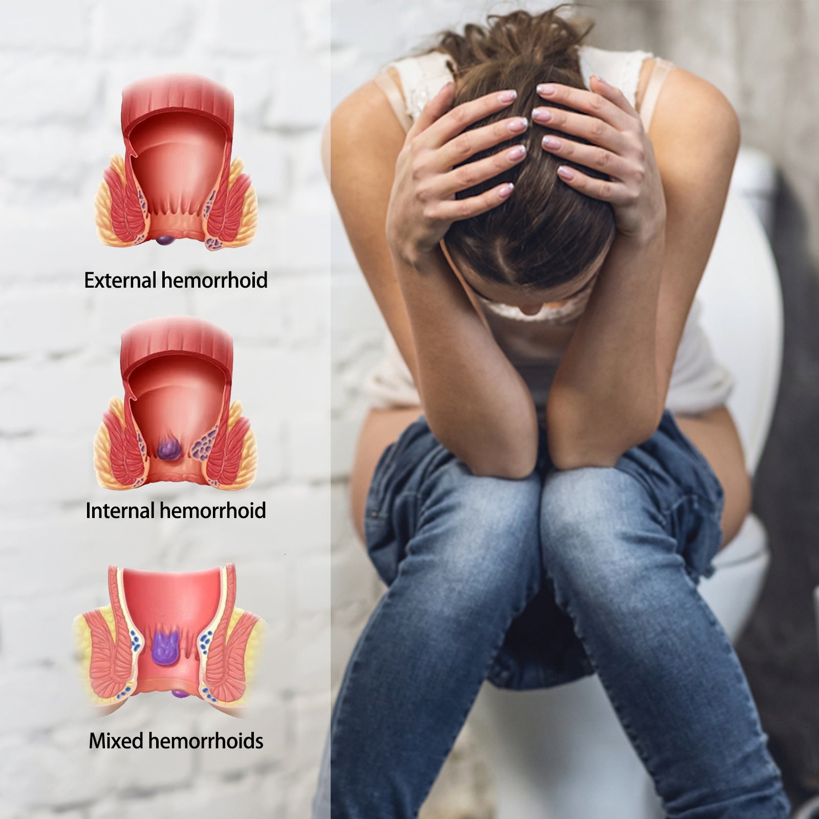 Six-panel infographic detailing product effects: pain reduction, cell regeneration, itch relief, skin soothing, deep cleaning, and recurrence prevention