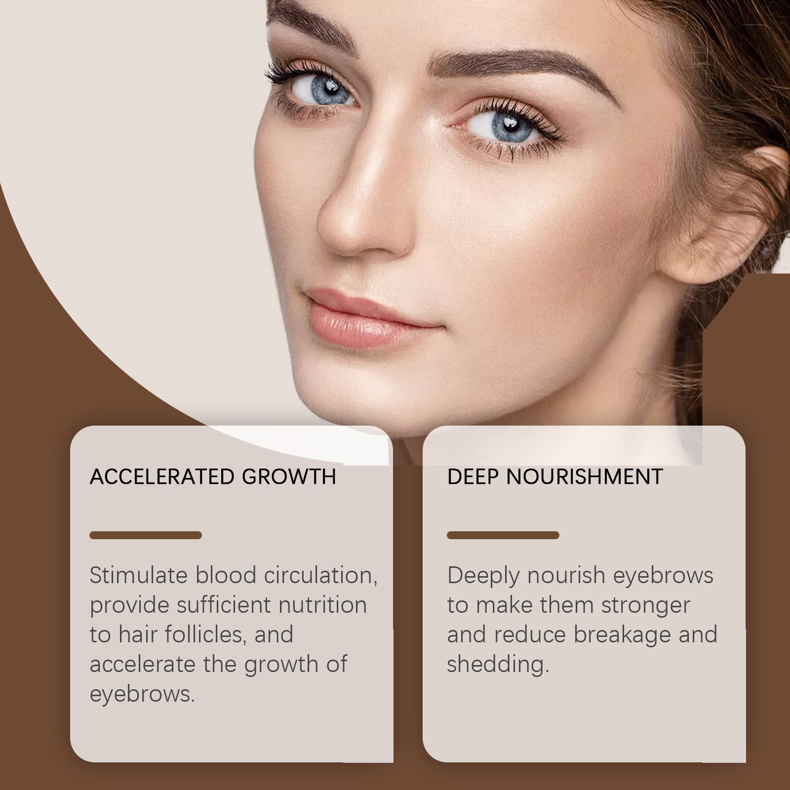 Portrait of woman with full, beautifully shaped eyebrows and glowing skin touching her face gently with text 'REPAIR THE DAMAGE' and descriptive copy