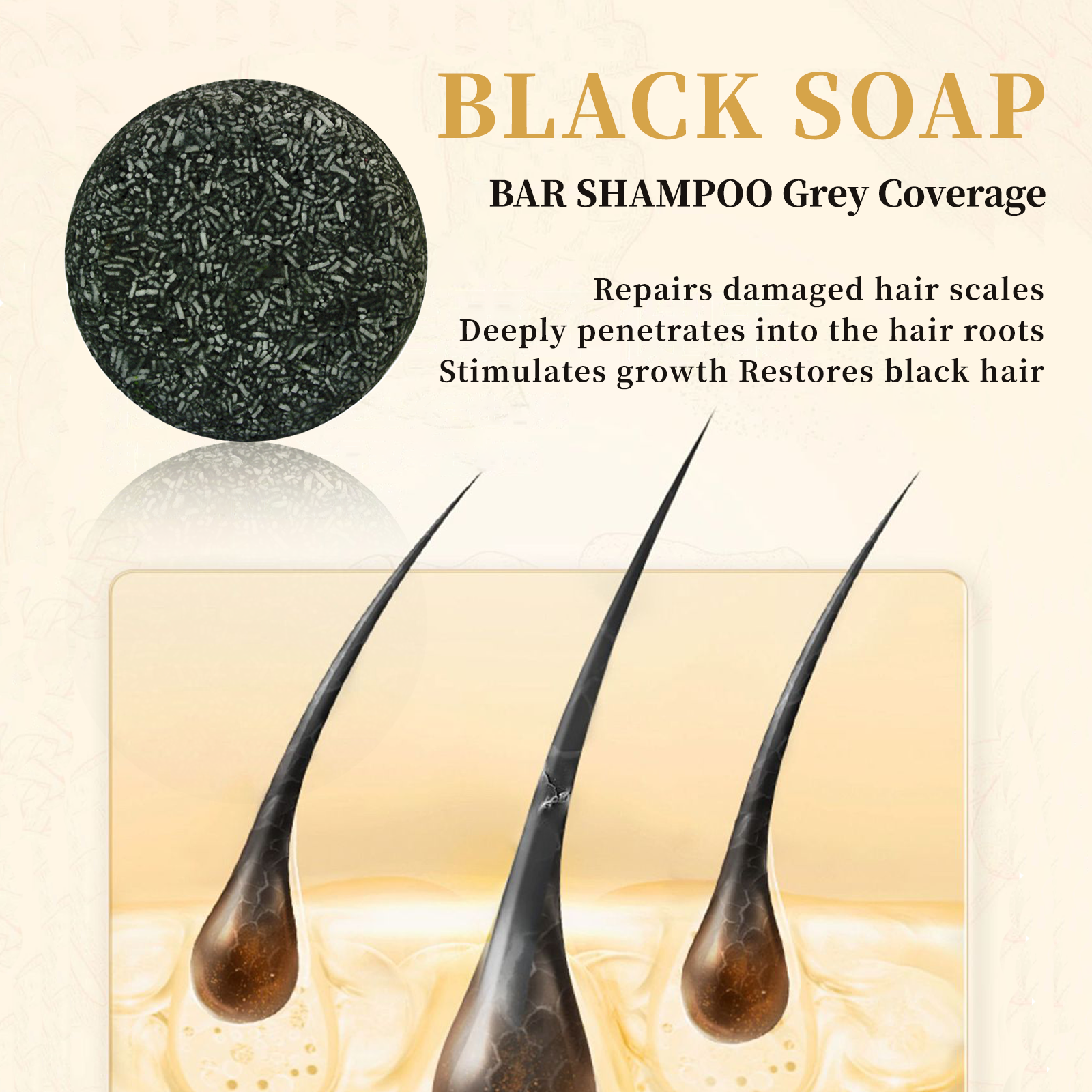 Close-up of soap bar with product claims displayed alongside visual representation of hair follicles being treated with black liquid penetrating into root structure