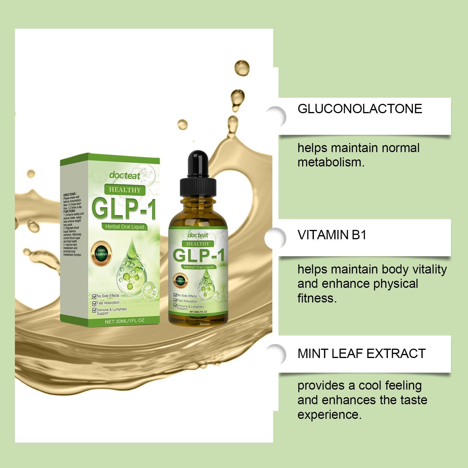 Product with ingredient callouts: gluconolactone, vitamin B1, and mint leaf extract with function descriptions