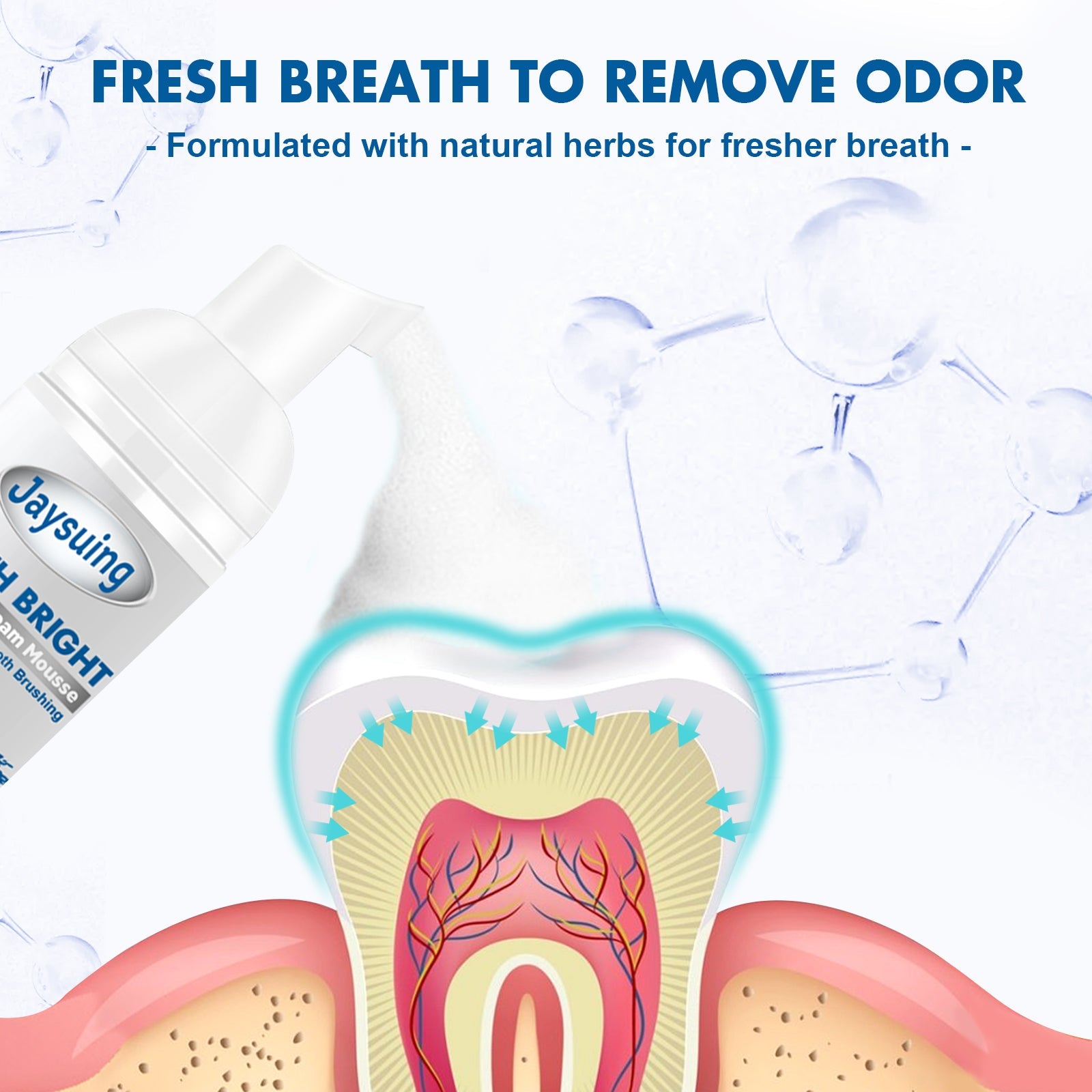 Multi-panel educational infographic showing product benefits with tooth whitening detail, oral environment improvement, dental problem repair, and four side-by-side before/after smile comparisons