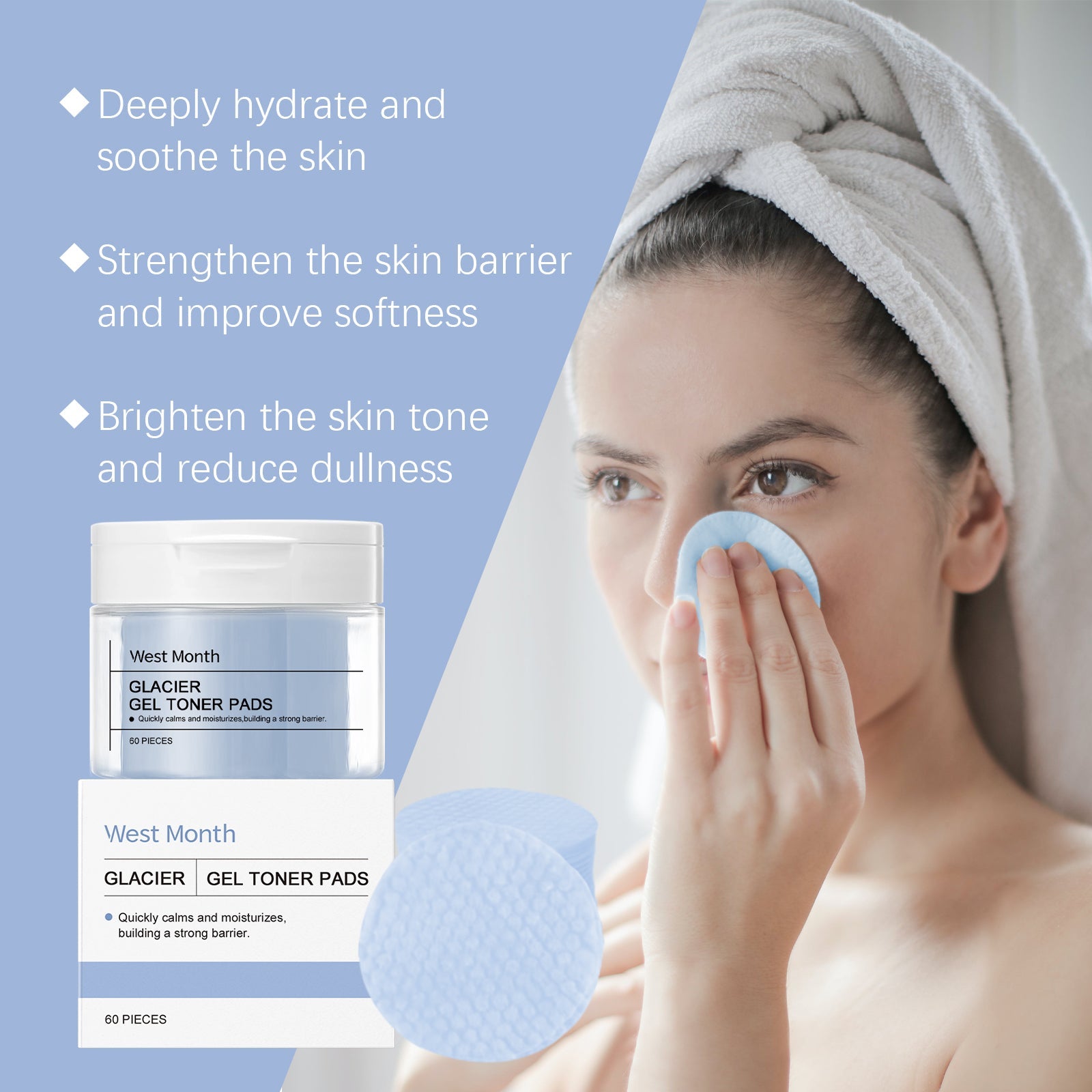 Woman using pad on face with product packaging and three key benefits listed: hydration, barrier strengthening, brightening