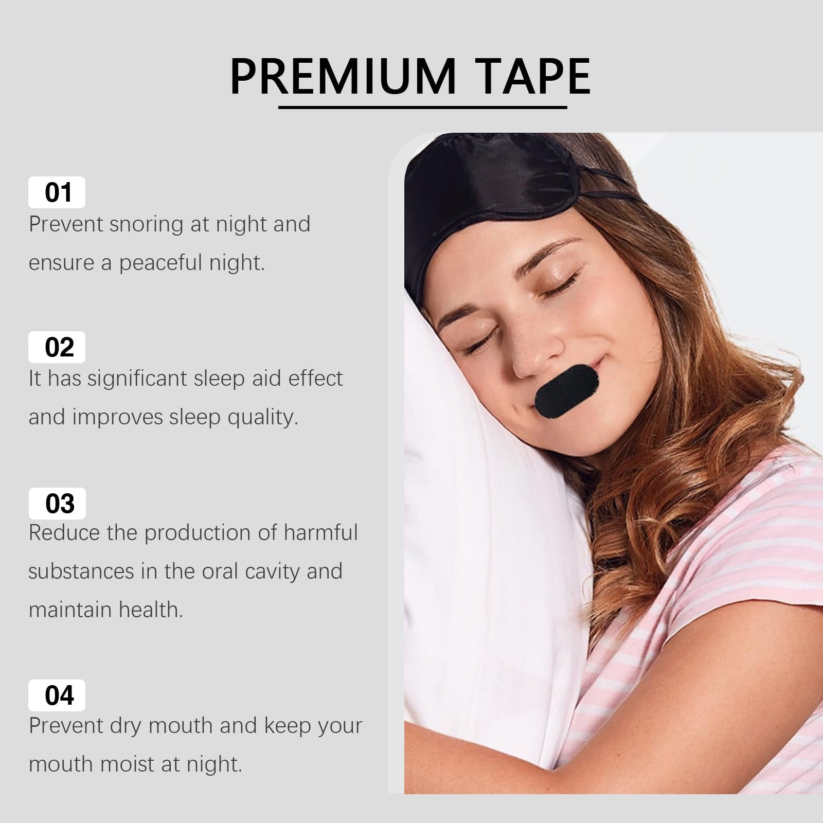 Woman wearing patch while sleeping with numbered benefits: prevent snoring, sleep aid effect, reduce harmful substances, prevent dry mouth