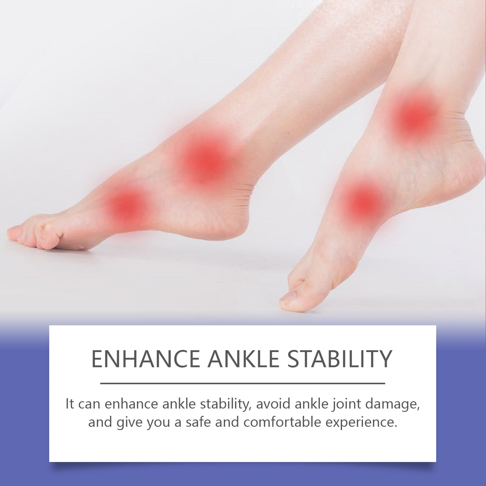 Two healthy feet displayed against navy background with text boxes explaining promotes blood circulation and supports the arch of the foot