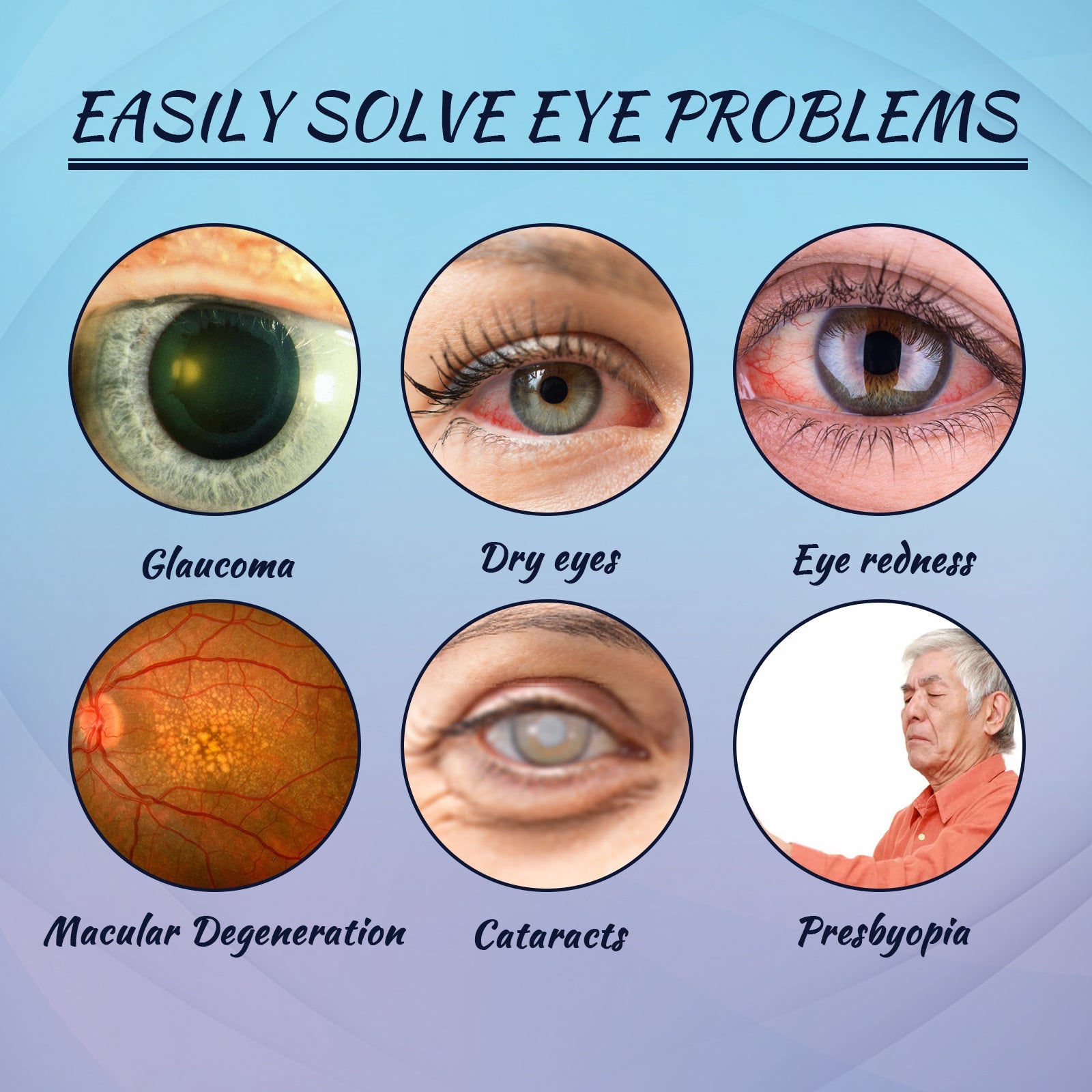 Before/after imagery showing eye improvement with inset close-up of reddened eye transforming to clear, bright eye after treatment