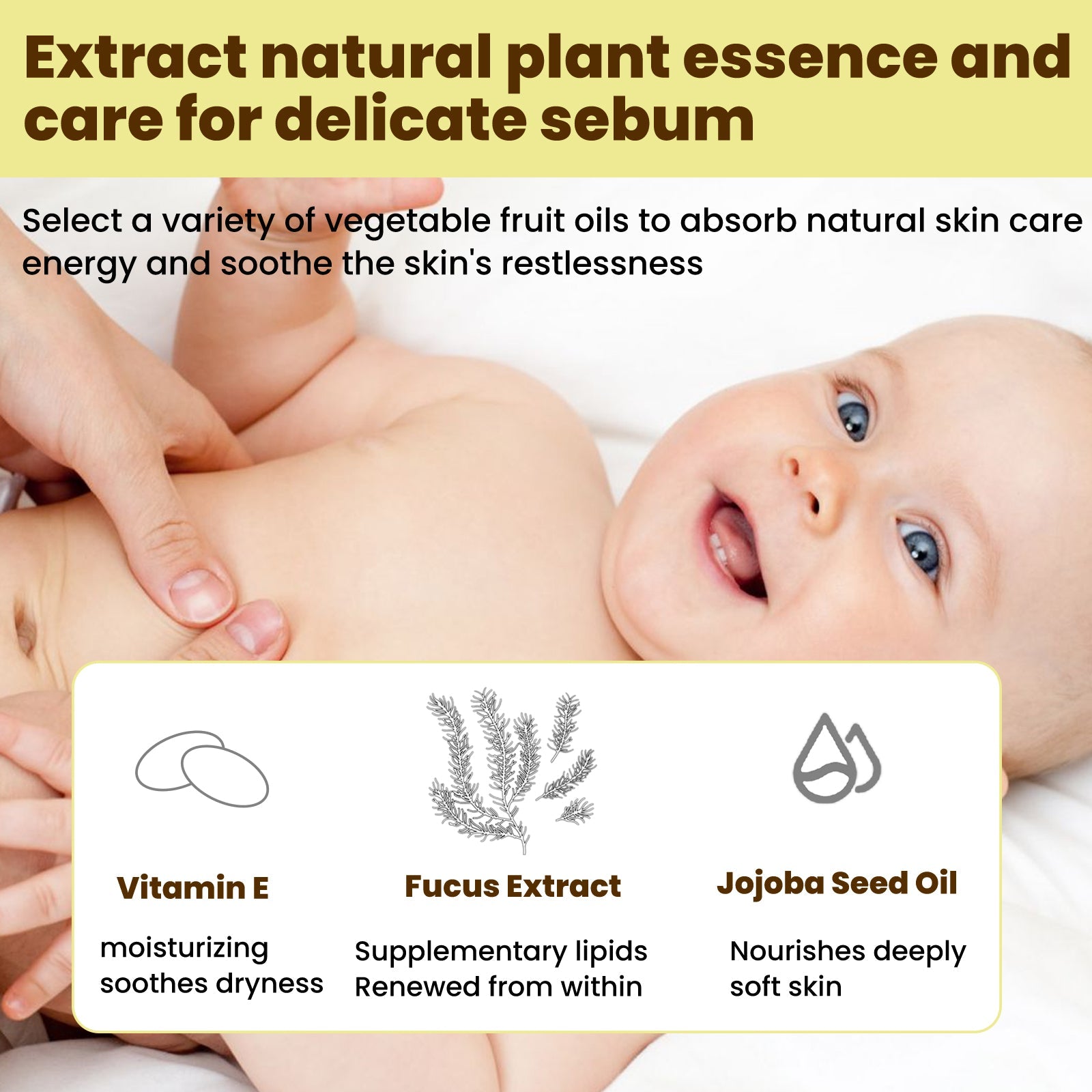 Parent applying cream to baby's skin; bottom panel shows three key ingredients with icons: Vitamin E (moisturizing soothes dryness), Fucus Extract (supplementary lipids renewed from within), Jojoba Seed Oil (nourishes deeply soft skin)